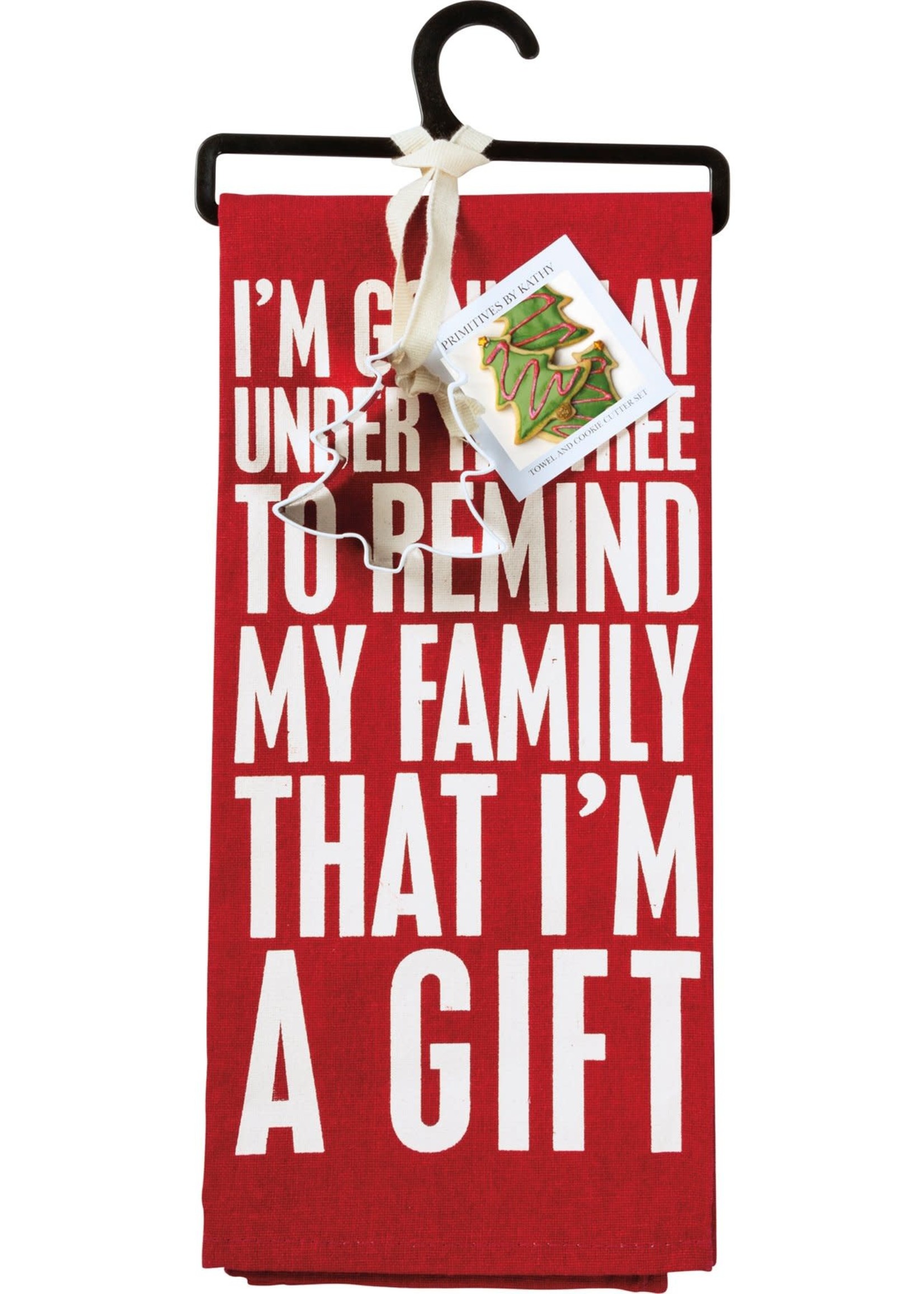 Primitives by Kathy *Red I'm a Gift Tea Towel w/Tree Cutter-Candym