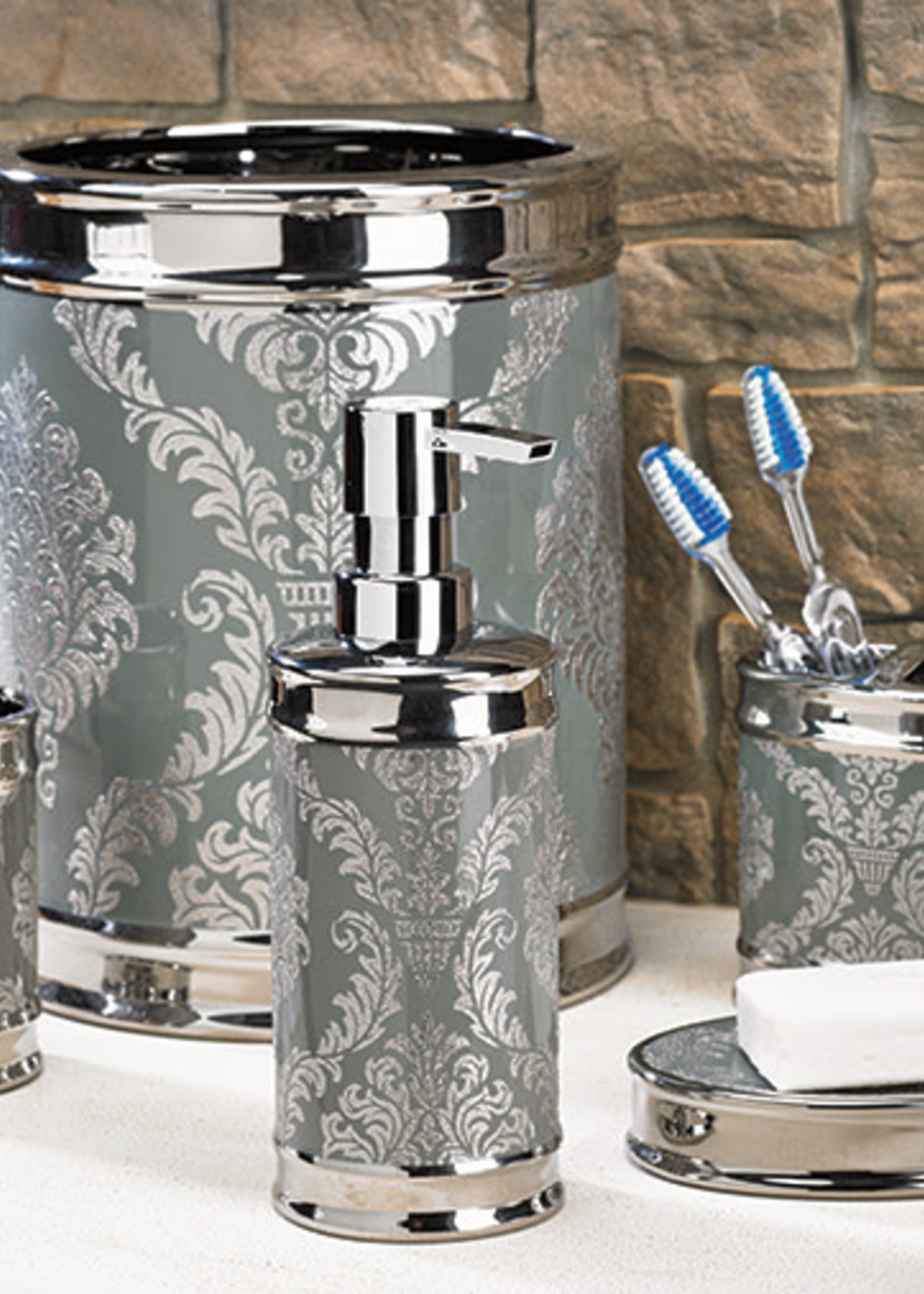Moda@Home *Silver/White Damask Soap Dish-Moda