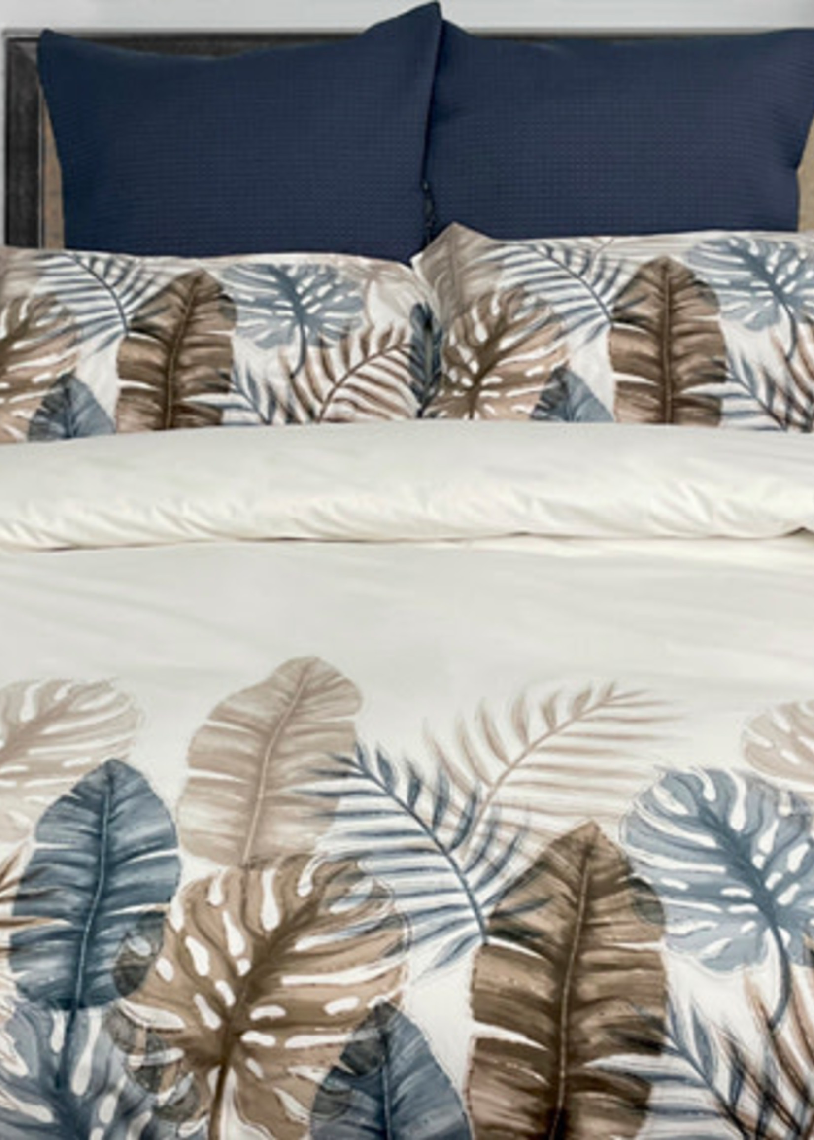 Cuddle Down *Qn Navy/Tan Palm Leaves Duvet Cover Set-Cuddle Down