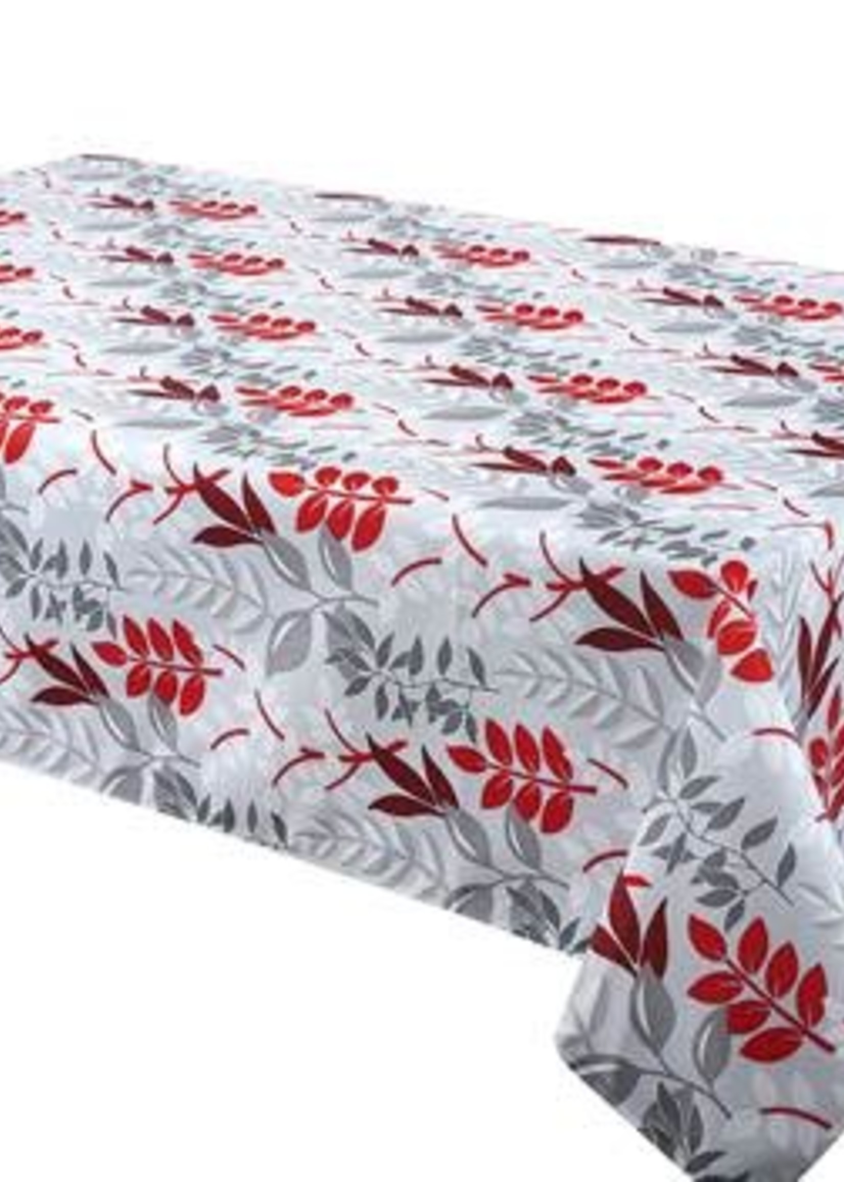 Texstyles Deco *58x94" White w/Red/Grey Fern Leaves Leah Table Cloth-Texstyles