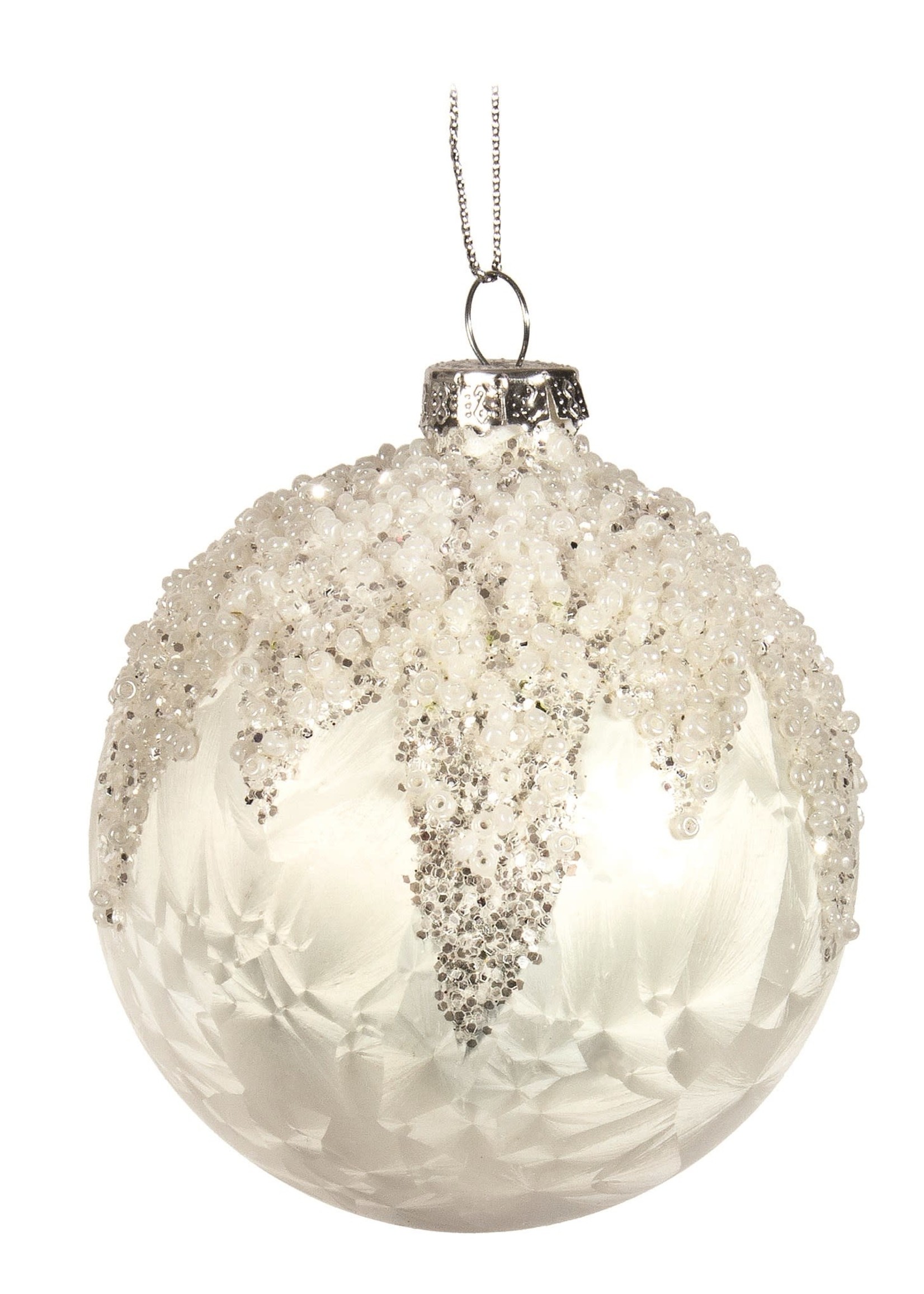 Nutcracker Designs *White Glass Ball Ornament w/Beaded Drips-Candym*