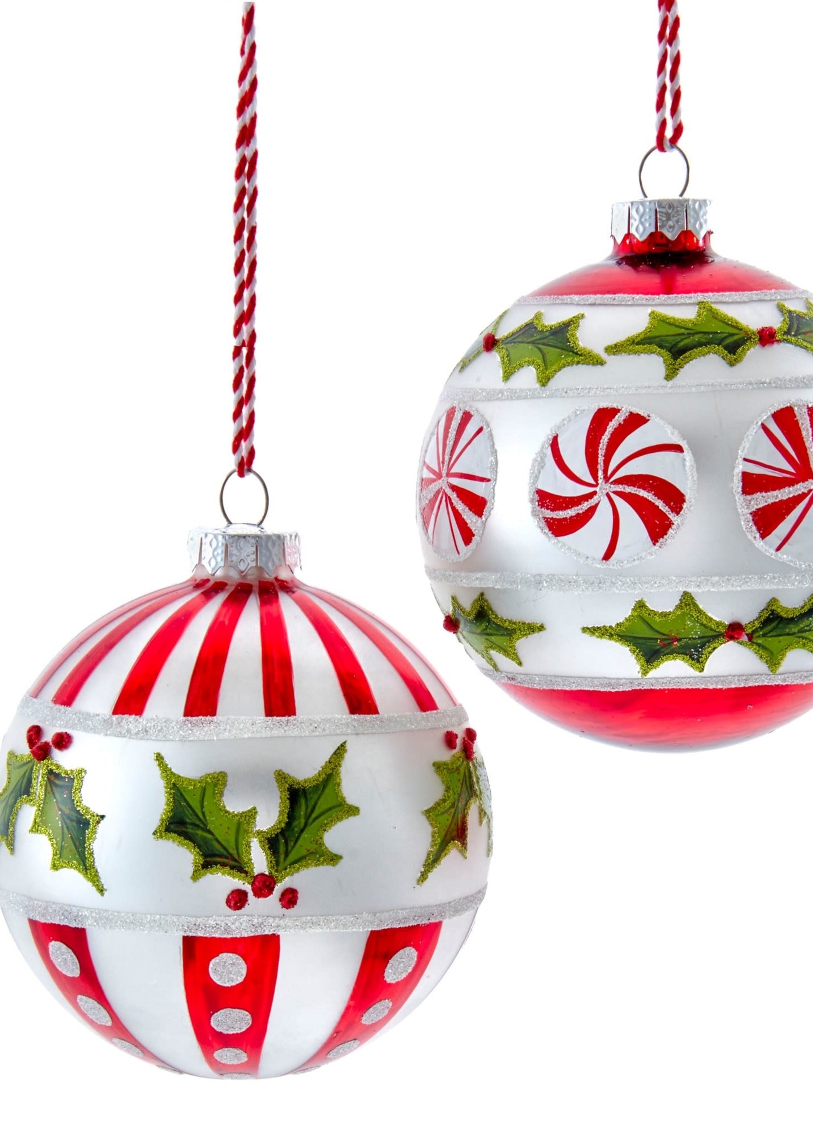 Kurt Adler *Red/White Stripe w/Holly or Peppermint Glass Ornament Kurt Adler-Candym*