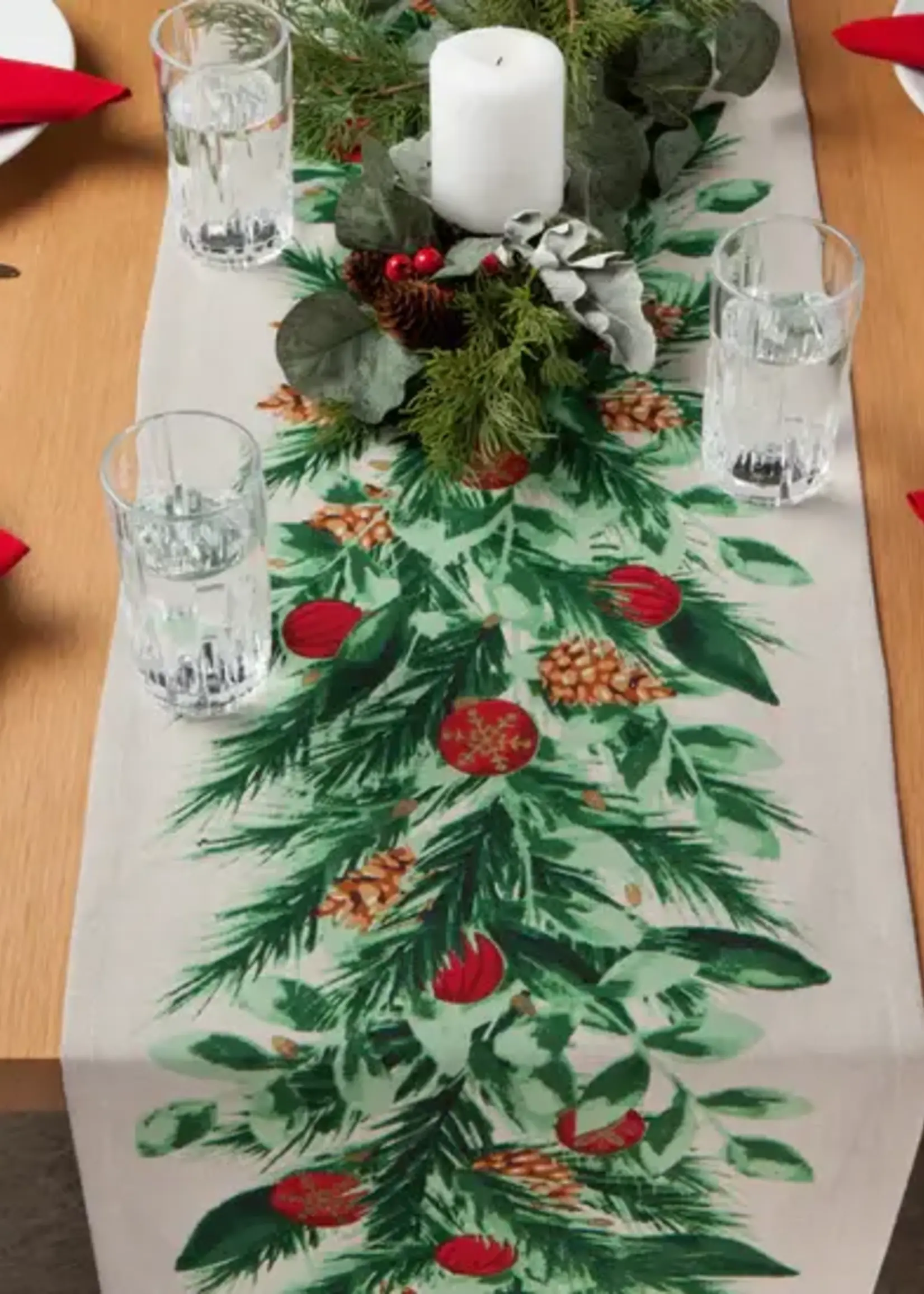 Danica *Tan w/Christmas Greenery Table Runner-Danica