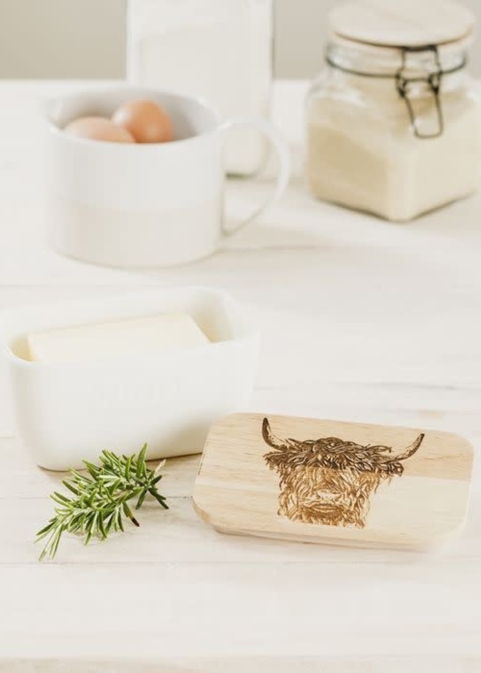 Selbrae House *White Butter Dish w/Highland Cow Wooden Lid-Design