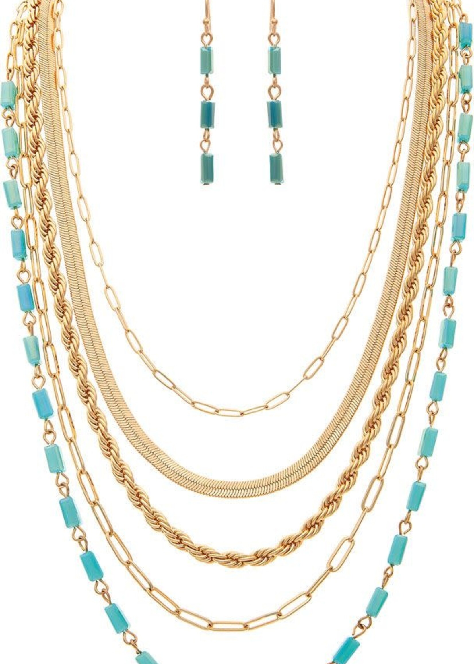 Rain Jewellery *Gold/Turquoise Multilayered Chain and Earring Set-Rain