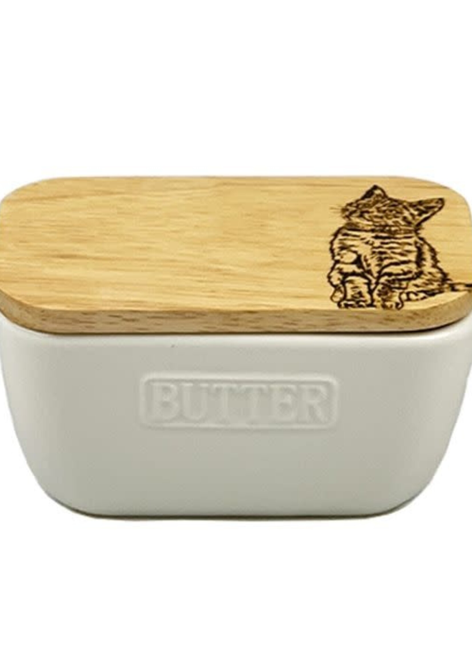 Selbrae House *White Butter Dish w/Tabby Cat Wooden Lid-Design