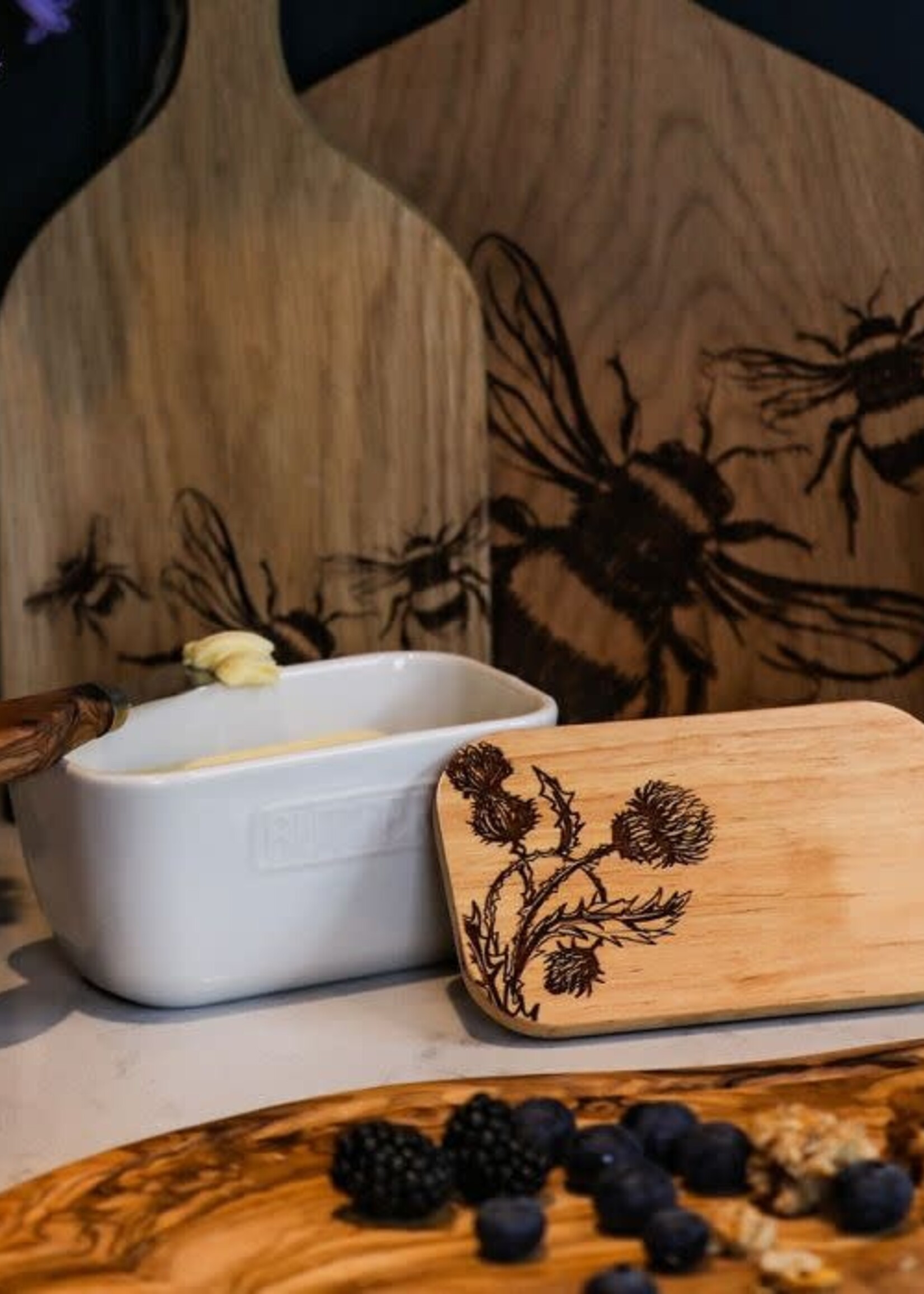 Selbrae House *White Butter Dish w/Thistle Trio Wooden Lid-Design