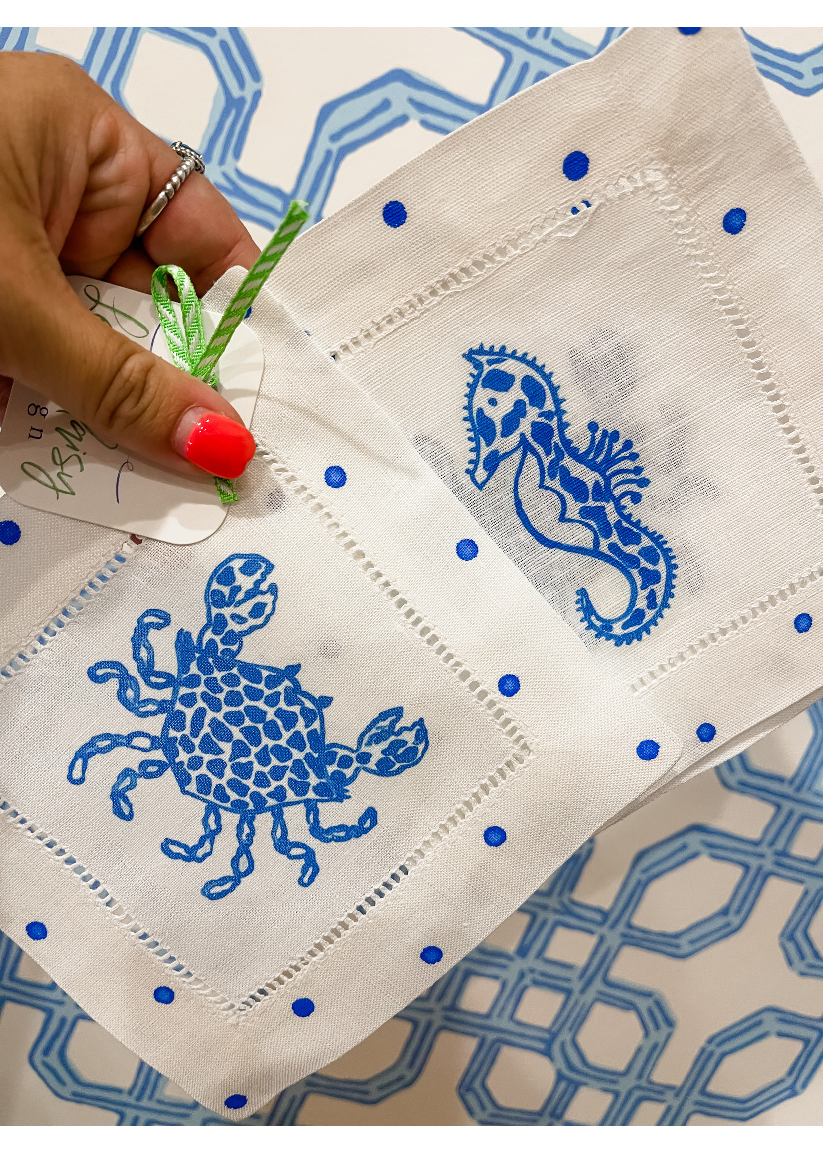 Crab + Seahorse Linen Cocktail Napkins