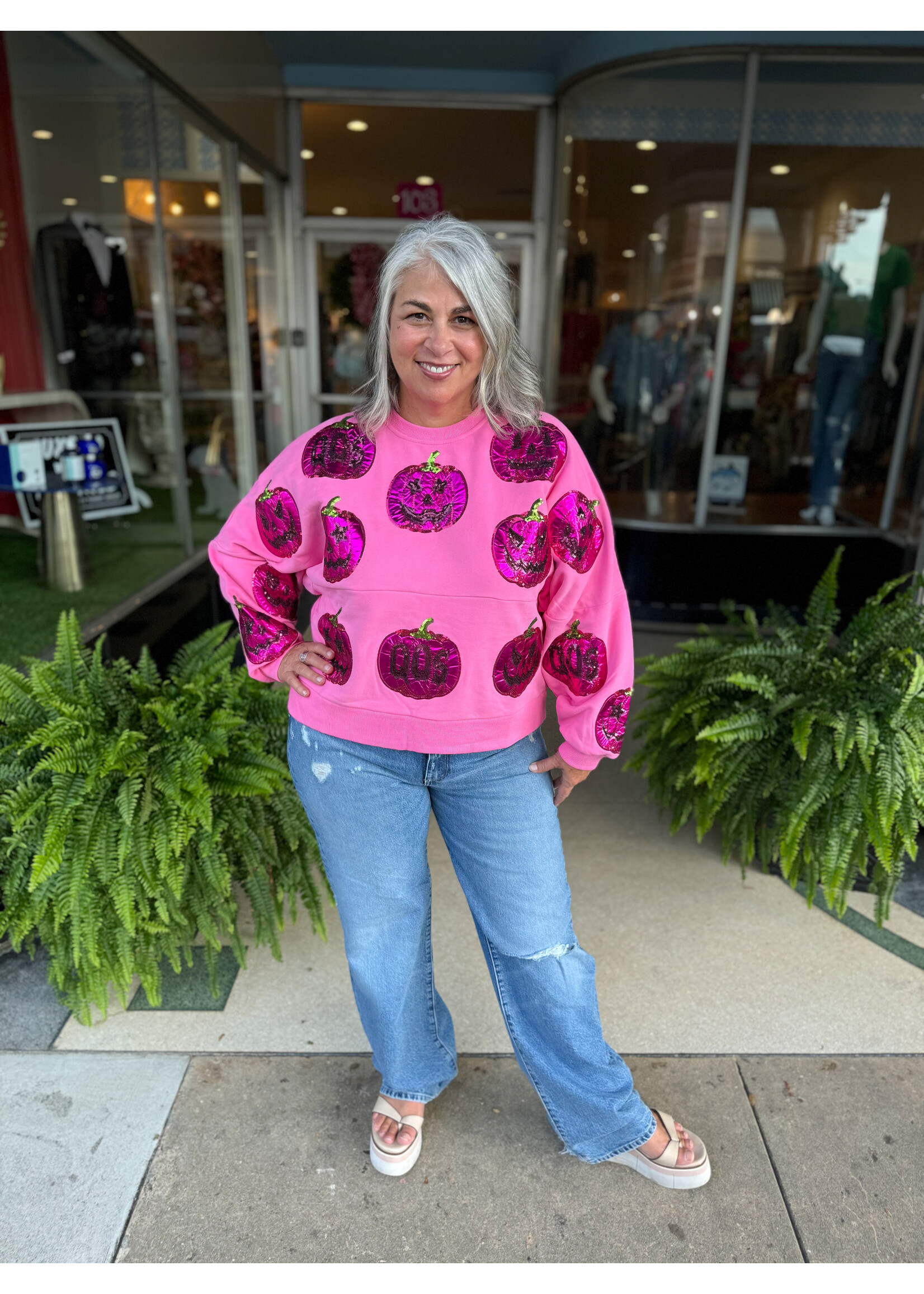 Queen of Sparkles QOS Pink Jack O’Lantern Sweatshirt