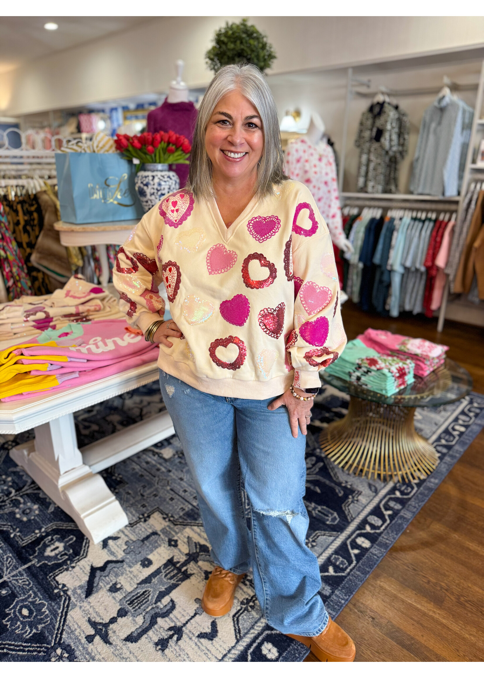 Queen of Sparkles QOS Multi Doily Heart V Neck Sweatshirt