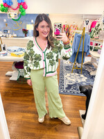 qos QOS White Green + Pink Striped Beaded Shamrock Cardigan