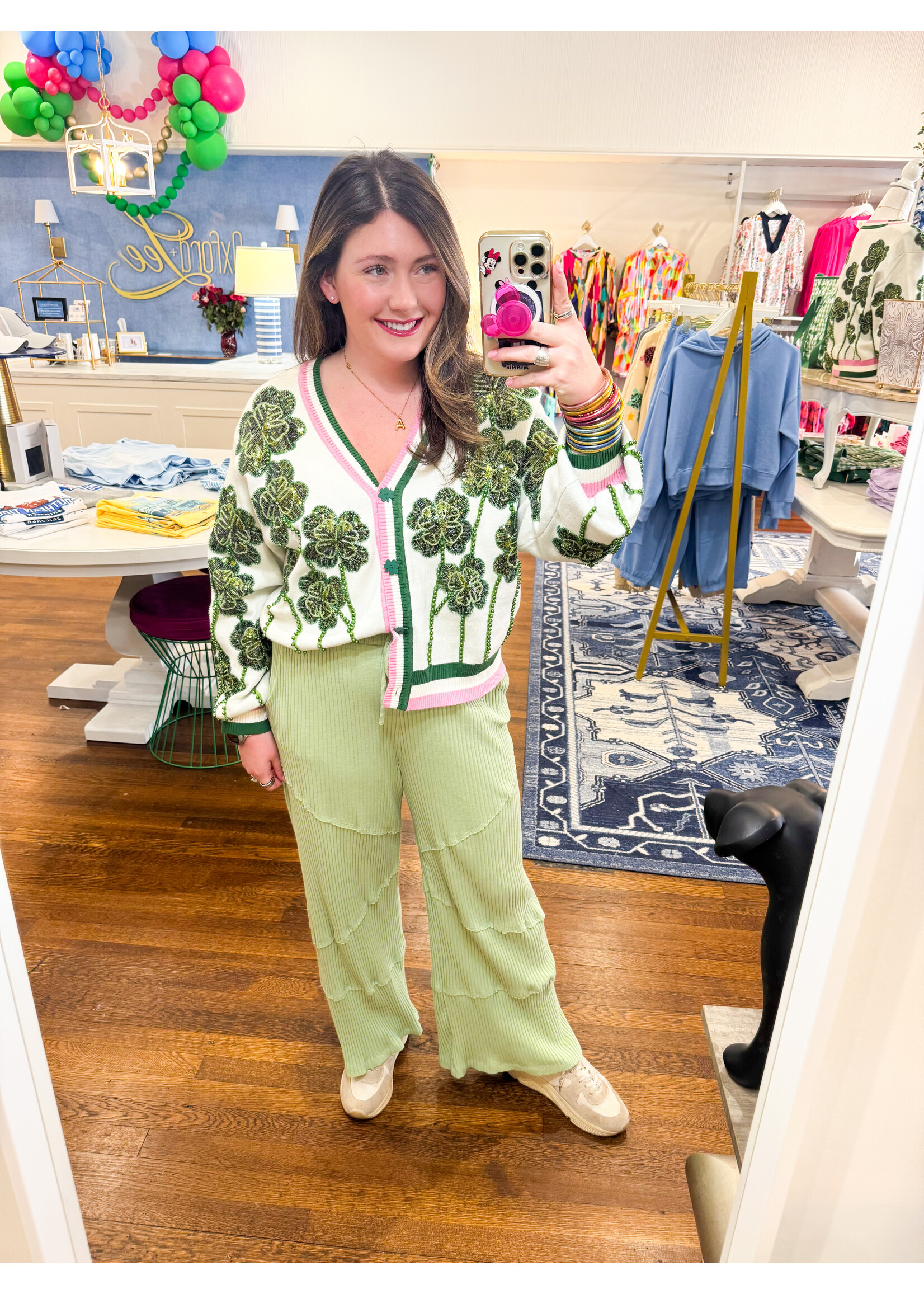 qos QOS White Green + Pink Striped Beaded Shamrock Cardigan