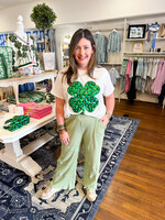 qos QOS White + Green Sequin Flower Shamrock Tee