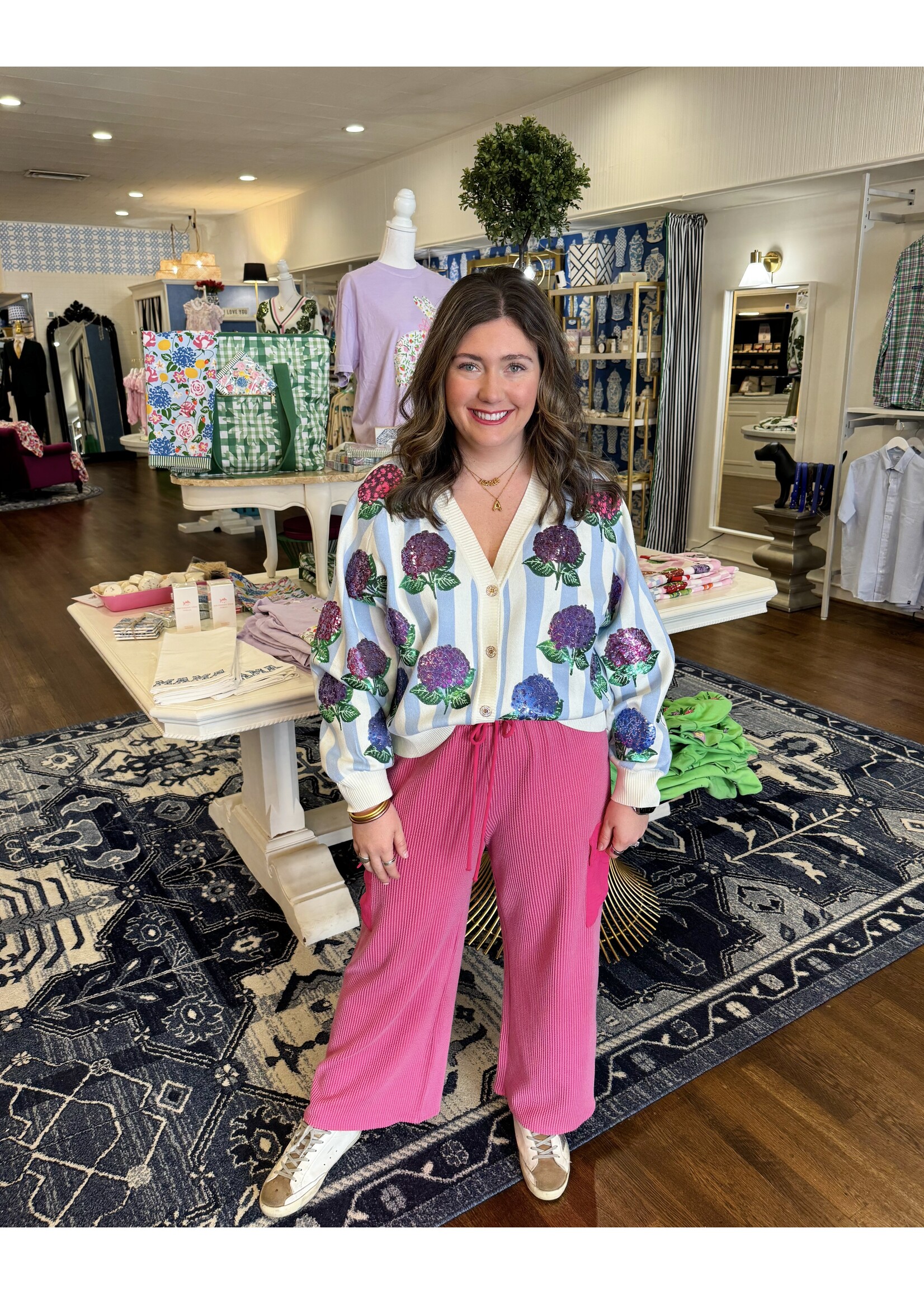 qos QOS Blue + White Striped Hibiscus Cardigan