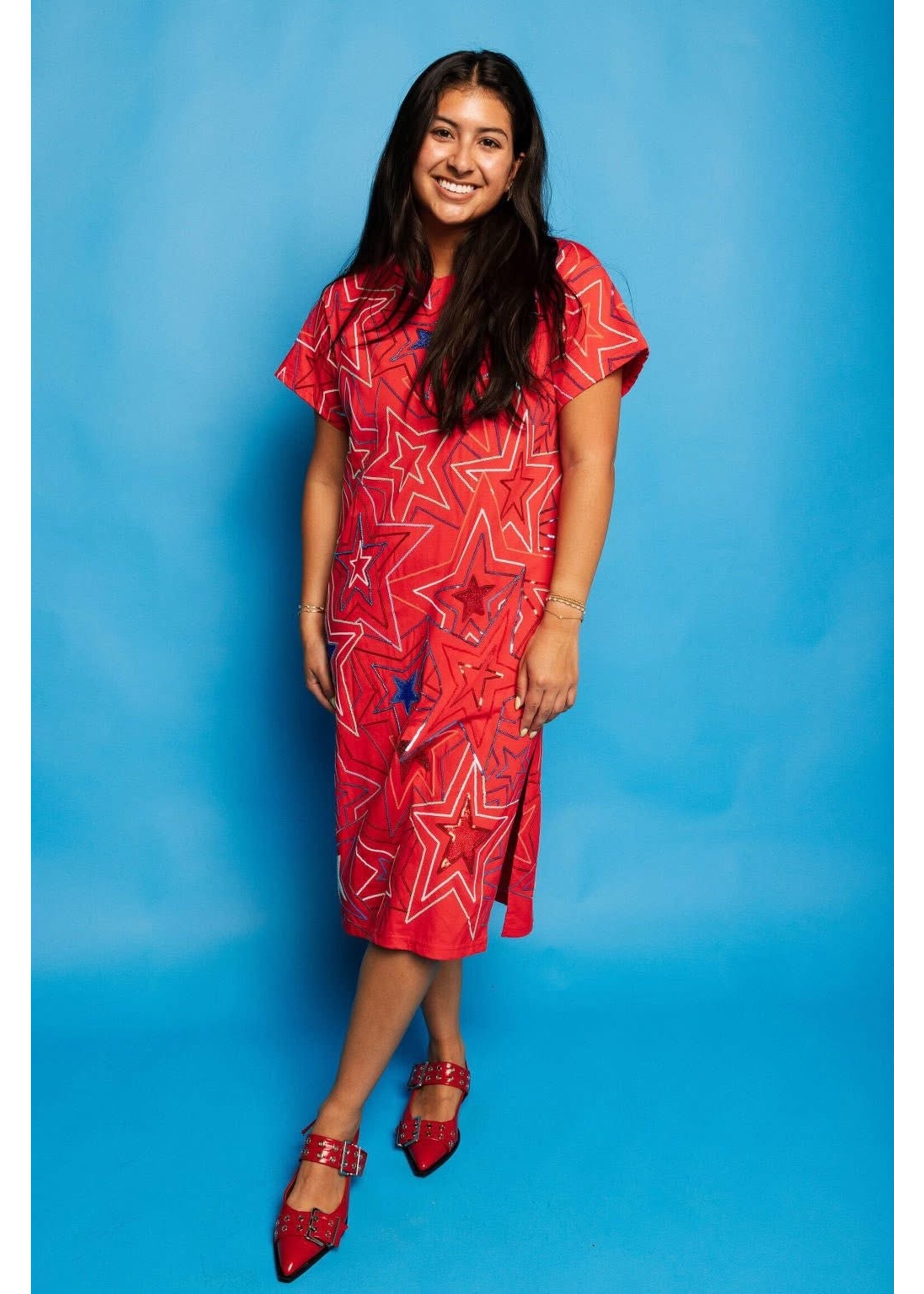 qos QOS red,white,blue groovy star midi tee dress
