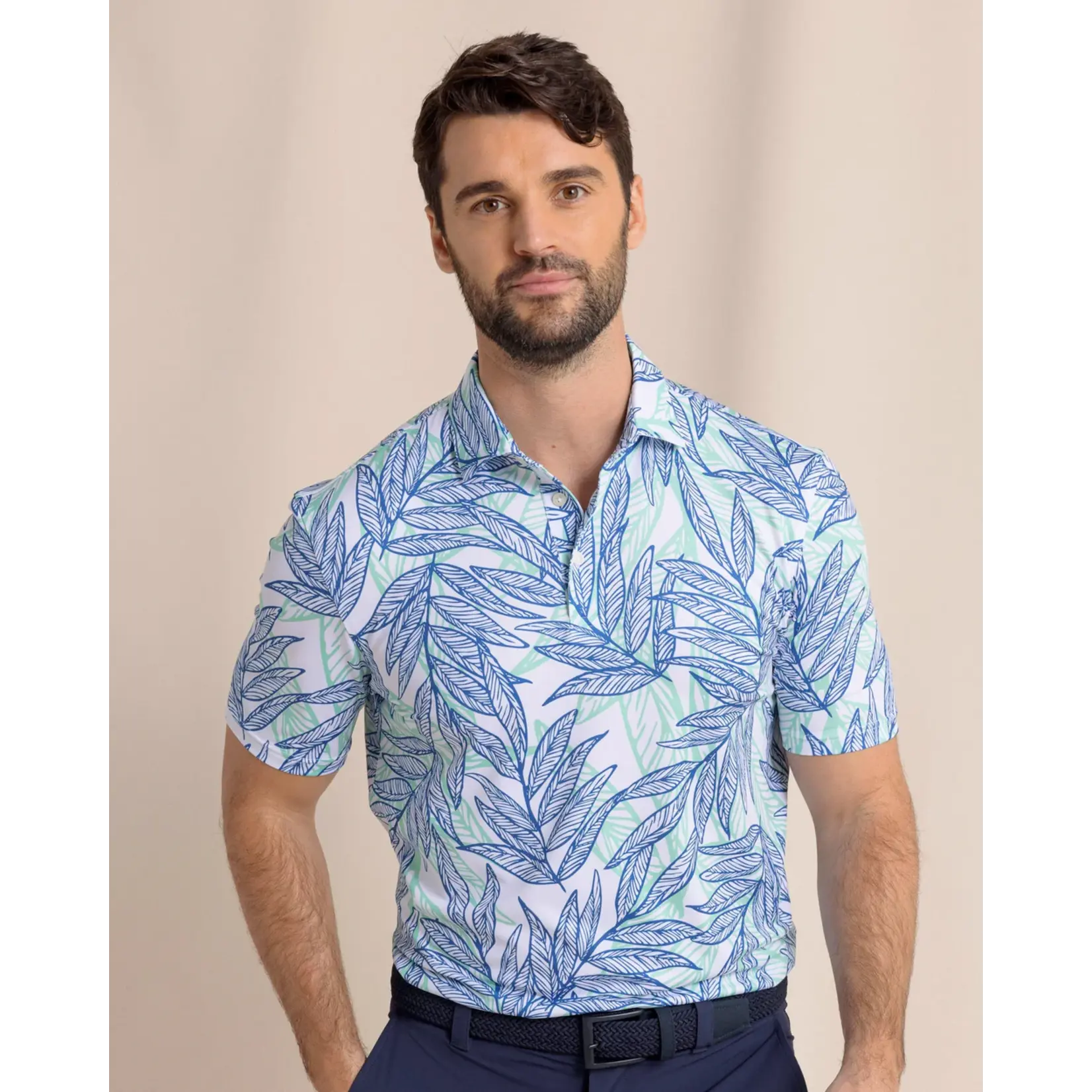 Southern Tide Southern Tide Driver Blue Palms polo- Classic White