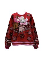 qos QOS Red + Pink Vintage Poinsettia Santa Sweatshirt