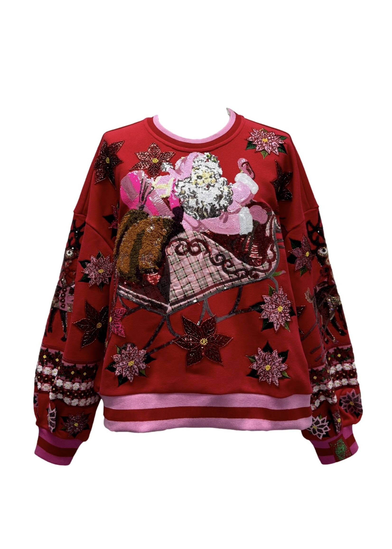 qos QOS Red + Pink Vintage Poinsettia Santa Sweatshirt
