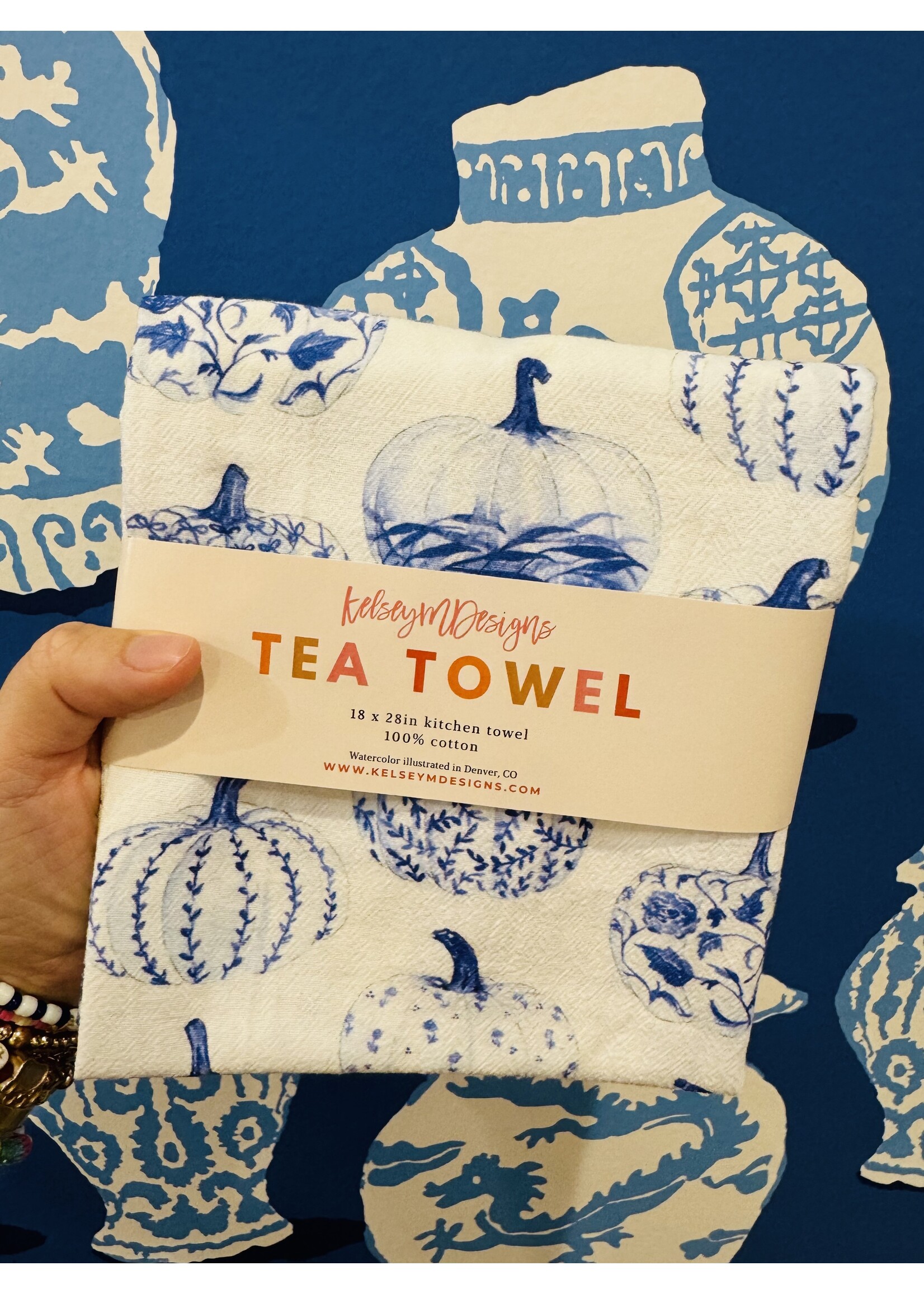 Toile Blue Pumpkins Towel- Chinoiserie Fall Tea Towel