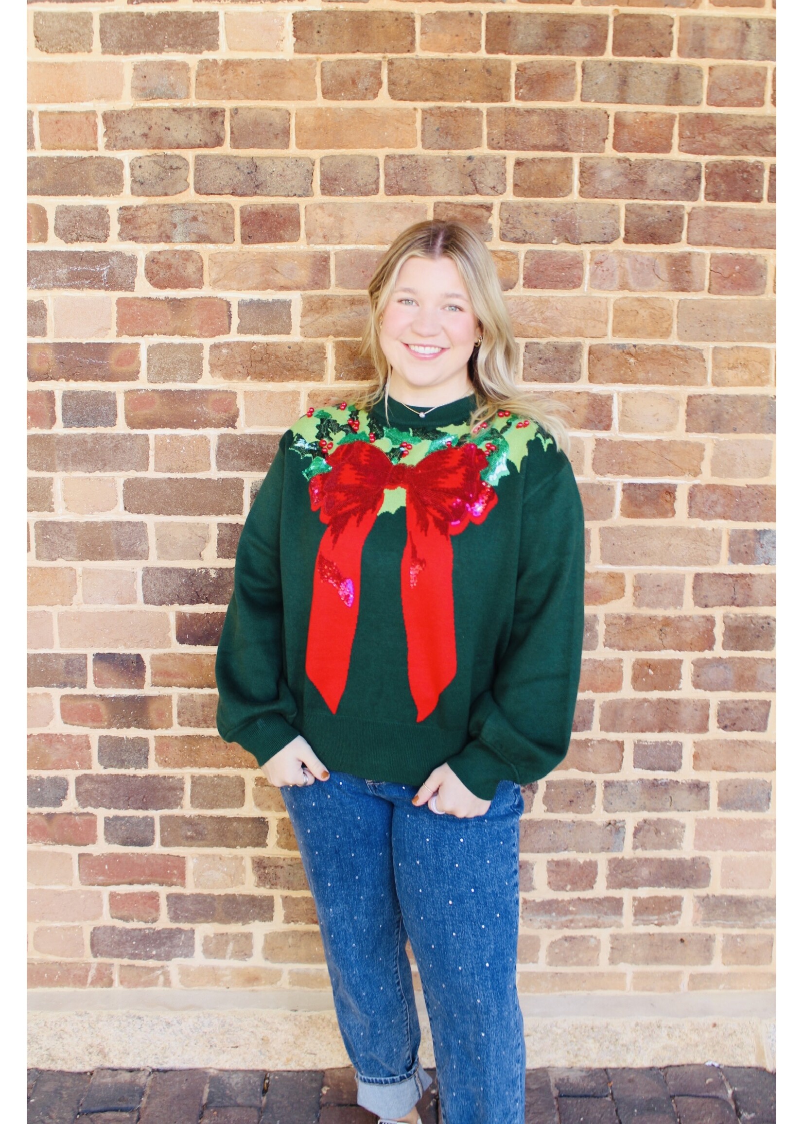 qos QOS Dark Green + Red Wreath Around the Neck Sweater