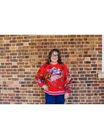 qos QOS Red + Pink Vintage Poinsettia Santa Sweatshirt