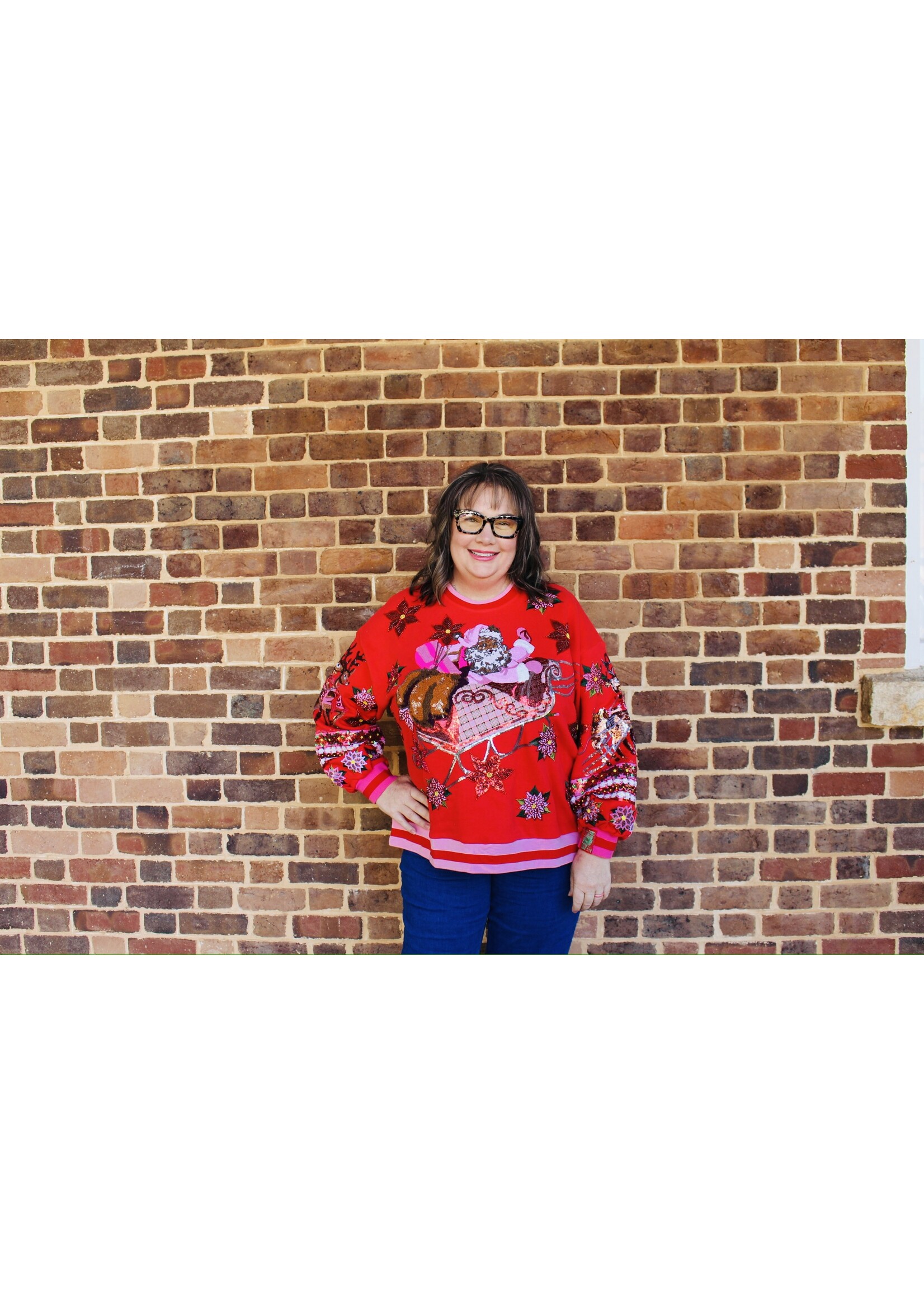 qos QOS Red + Pink Vintage Poinsettia Santa Sweatshirt