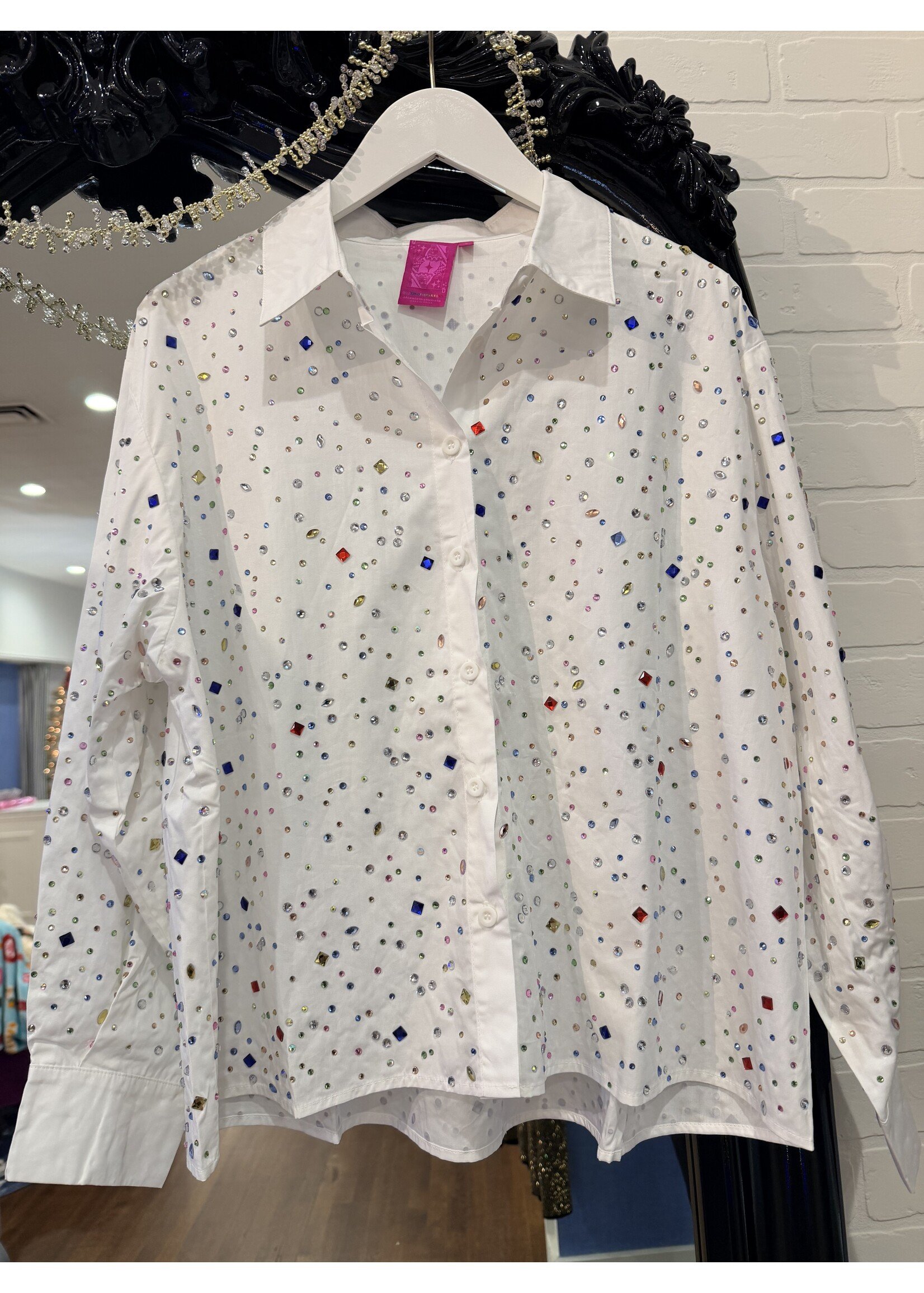 QOS White Multi Rhinestone Button Down