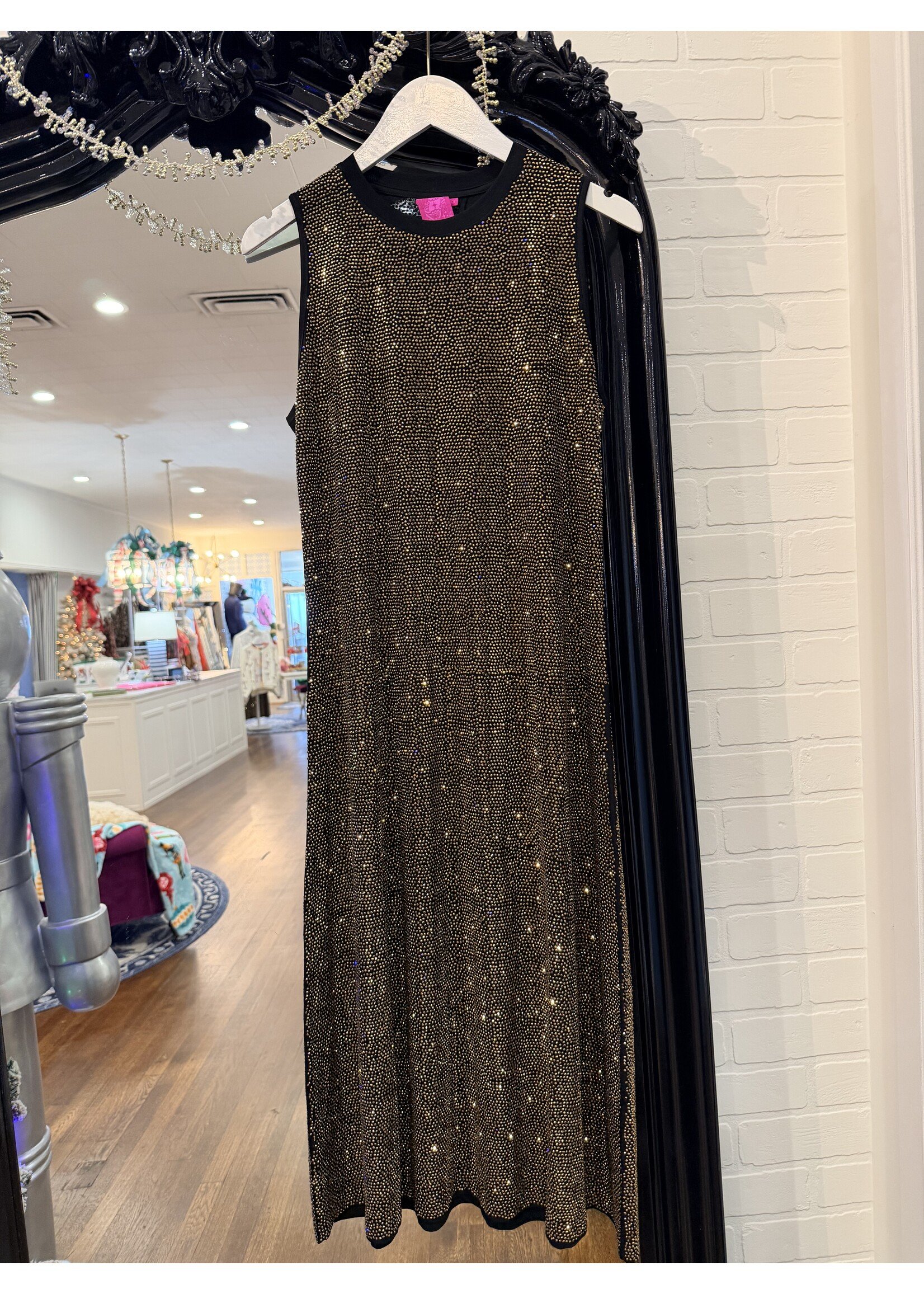 qos QOS Black + Gold Full Rhinestone midi Dress