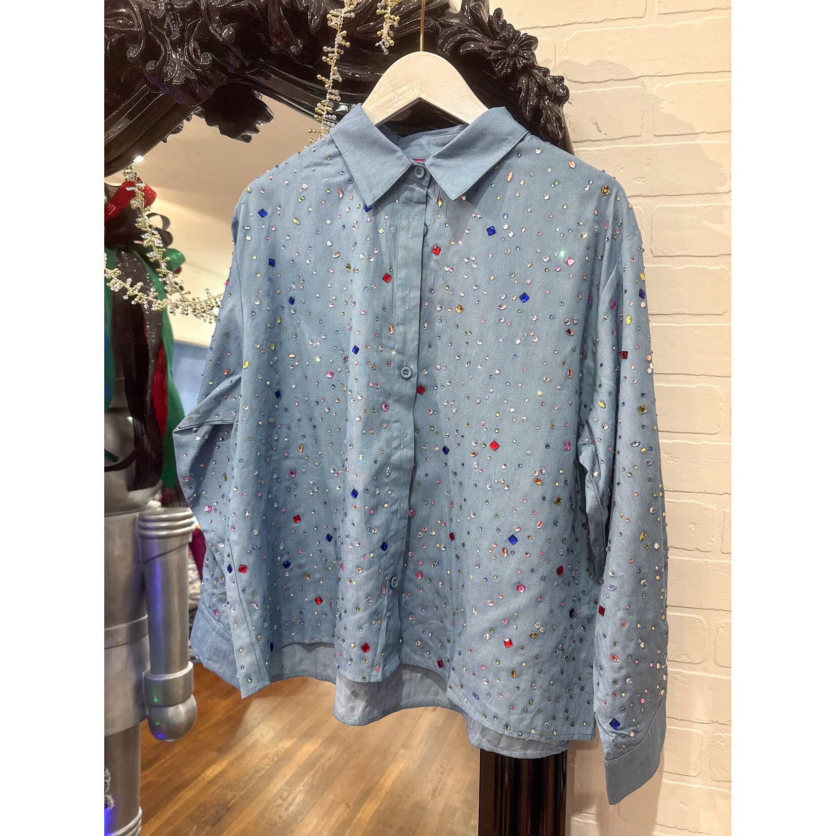Queen of Sparkles QOS Chambray Rhinestone Button up