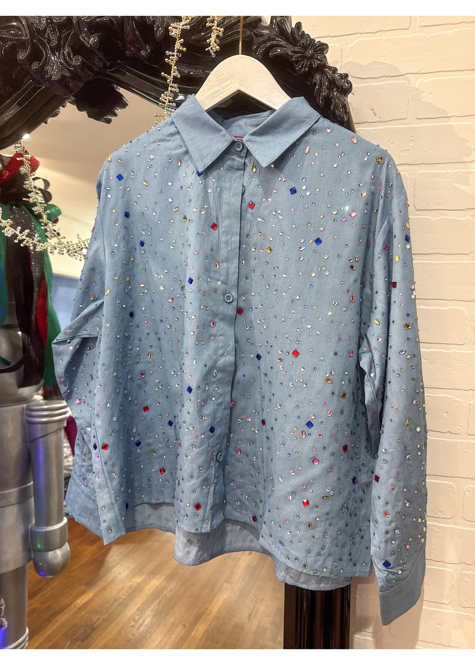 Queen of Sparkles QOS Chambray Rhinestone Button up