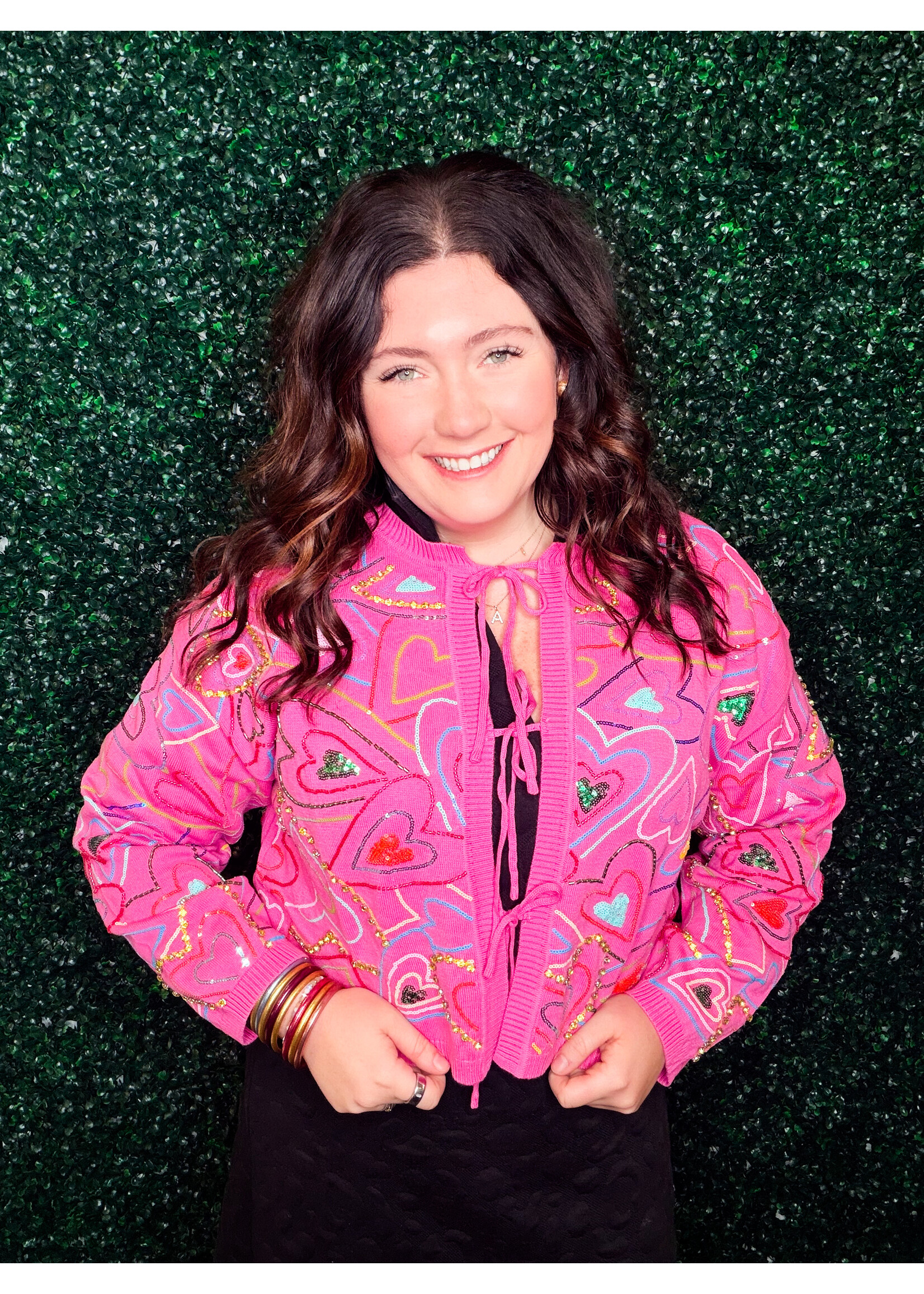 qos QOS Hot Pink Groovy Heart Tie up Sweater