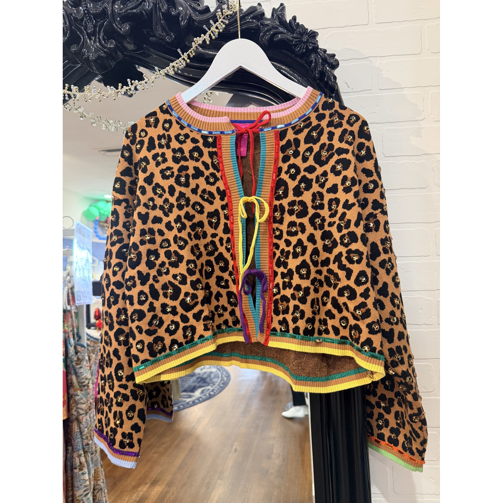 qos QOS Leopard Multi Tie Rhinestone Sweater