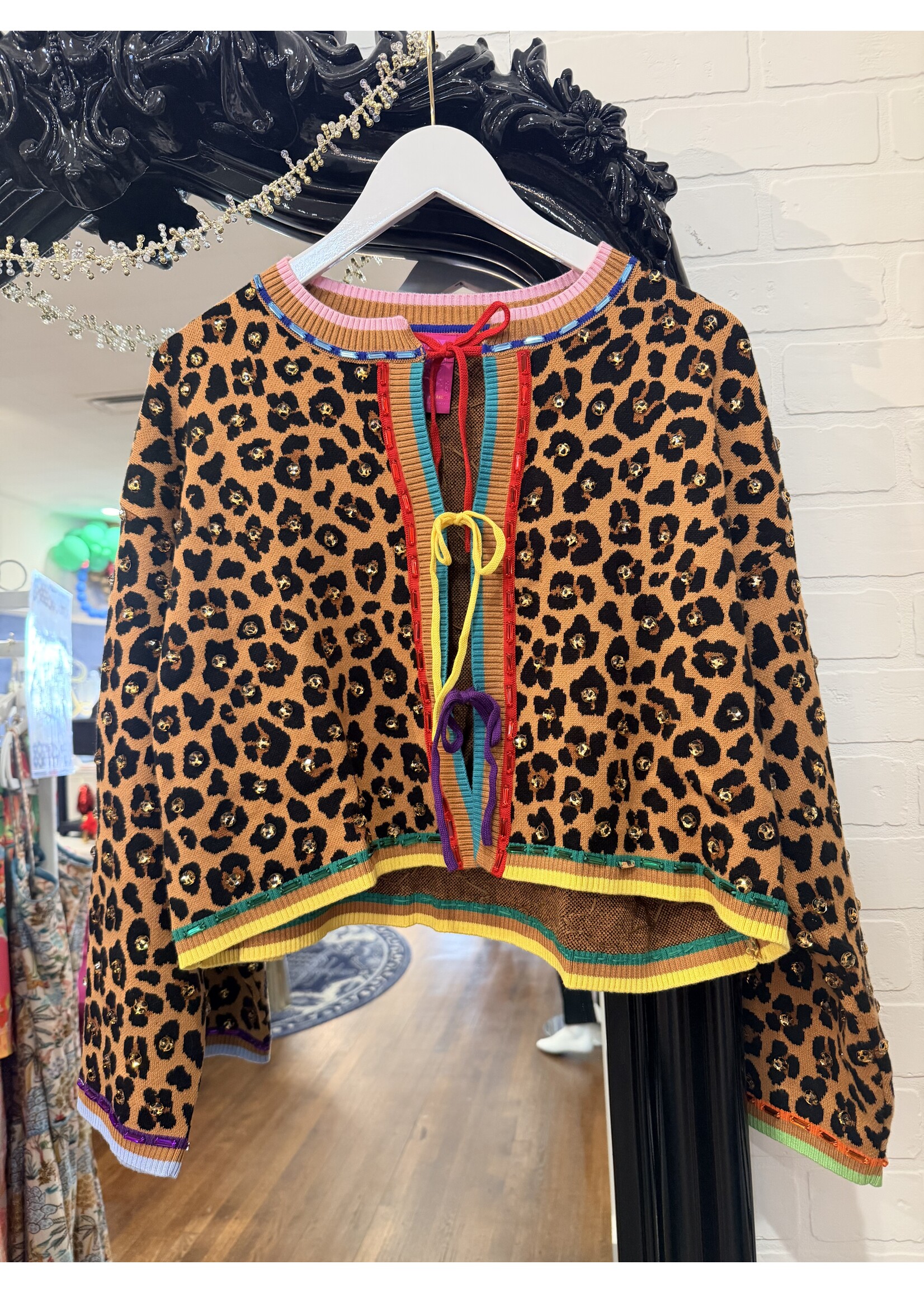 qos QOS Leopard Multi Tie Rhinestone Sweater