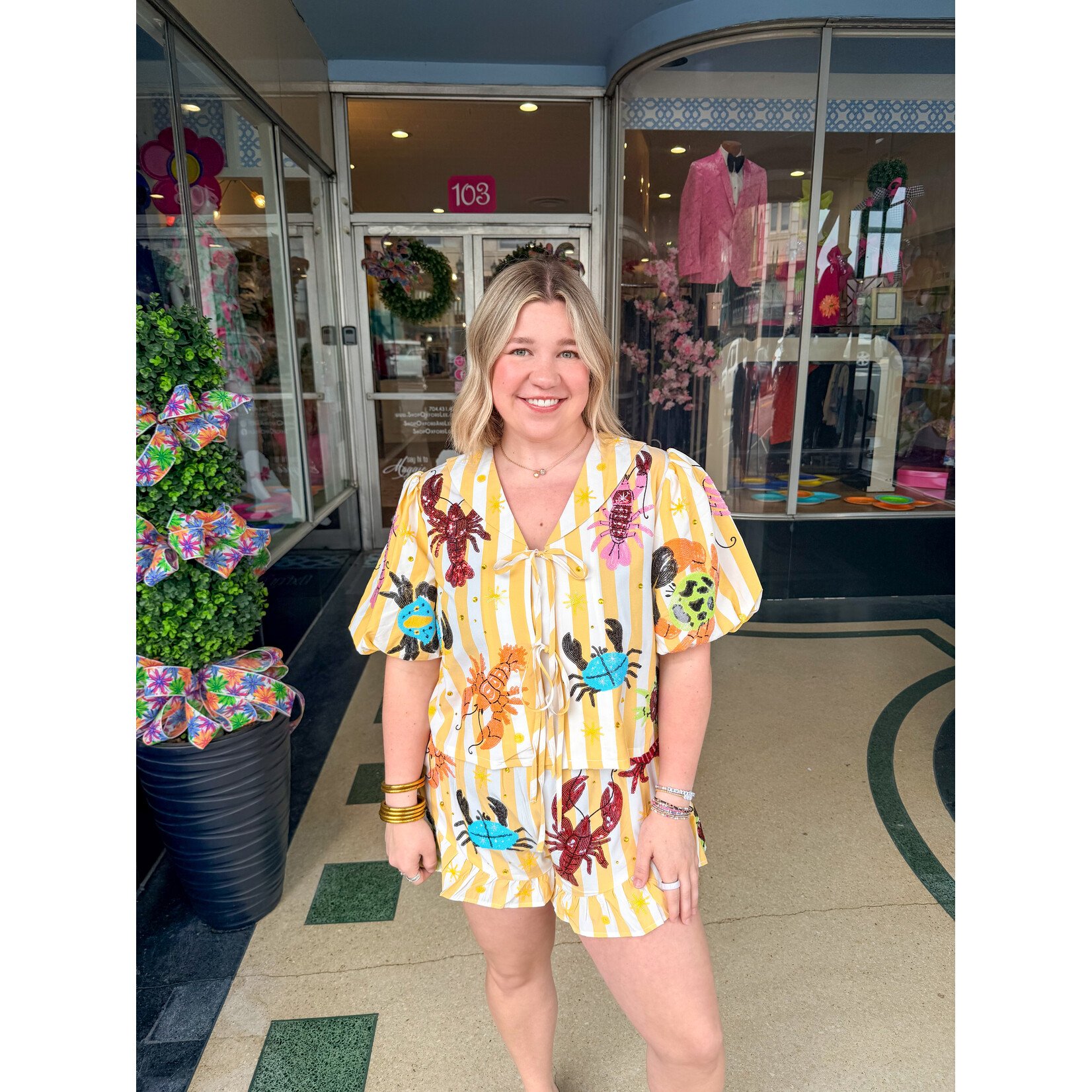 Queen of Sparkles QOS Yellow Stripe Crab + Lobster Tie Top