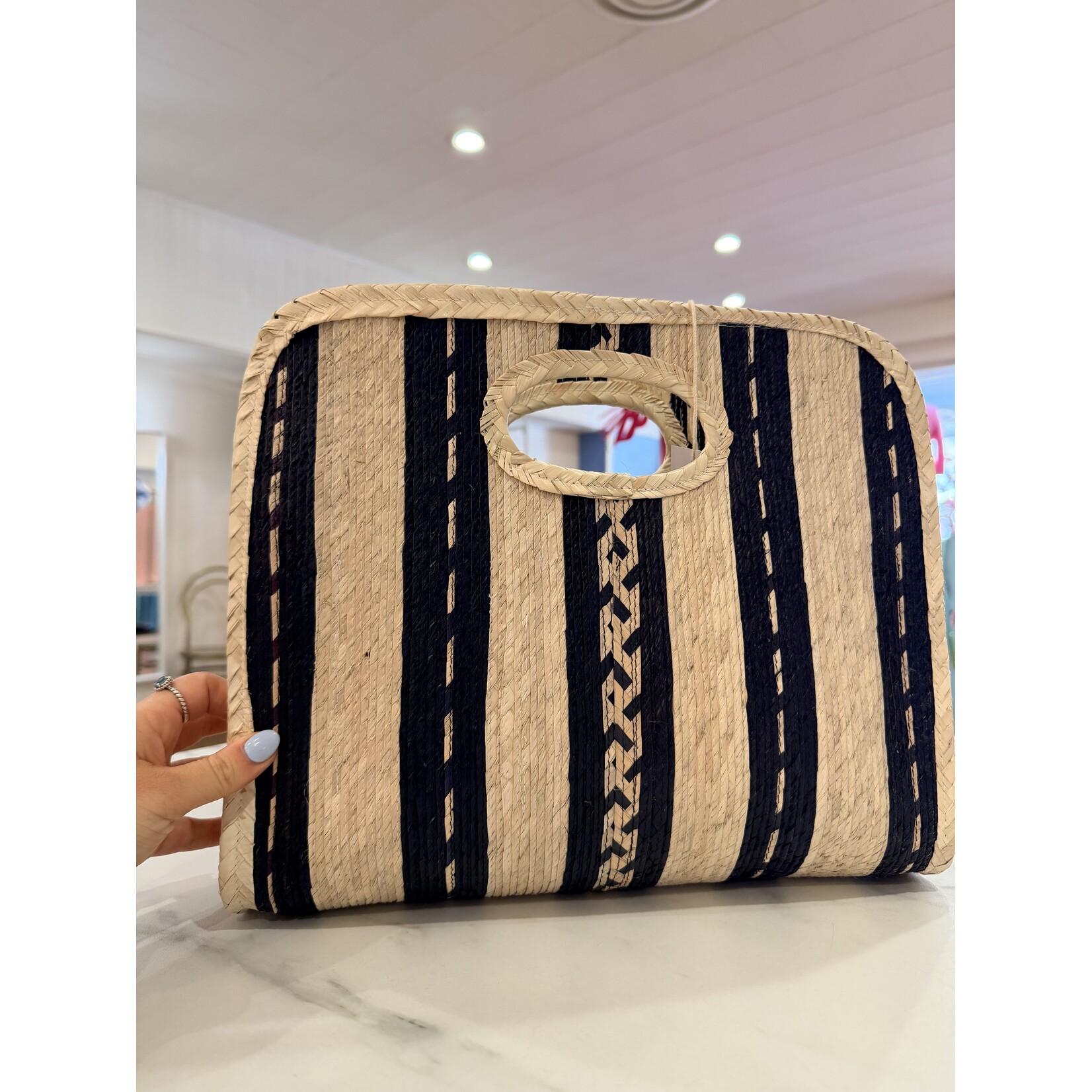 Square Straw Beach Tote - Black / Natural