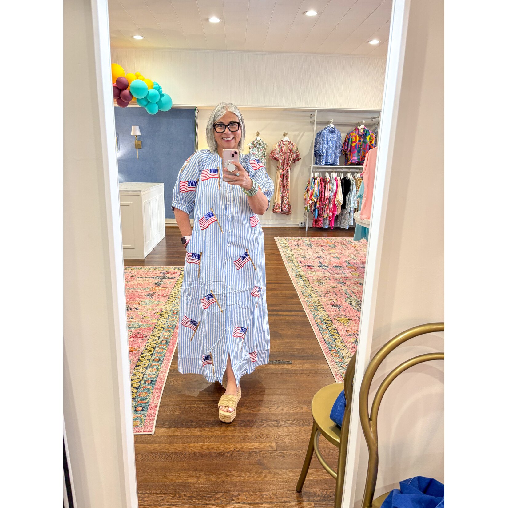 Queen of Sparkles Queen of Sparkles- Light Blue & White Striped American Flag Cotton Button Up Midi Dress