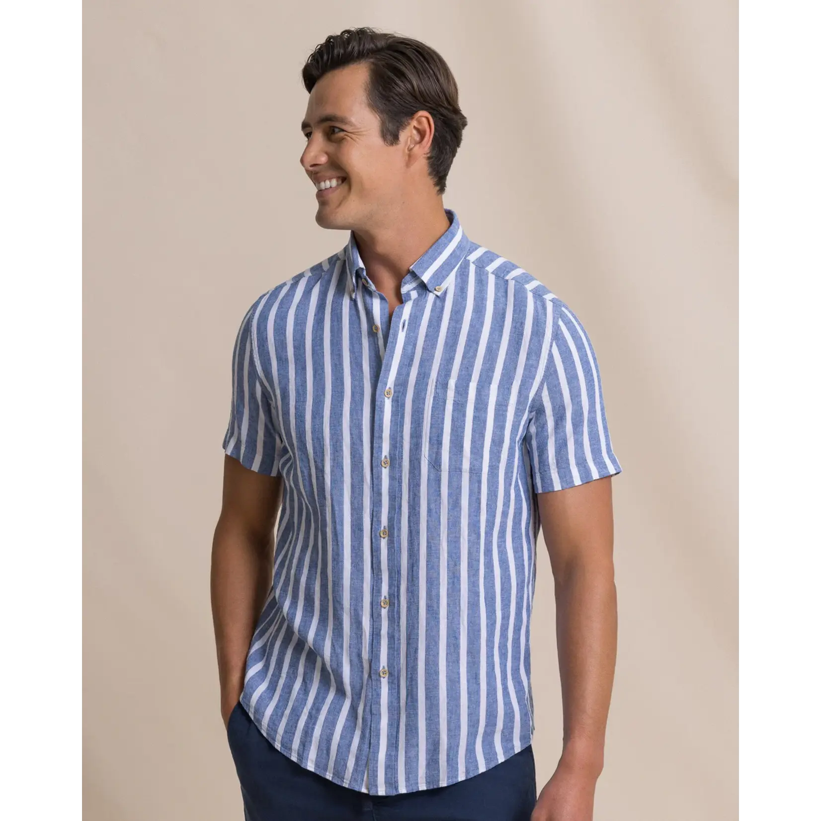 Southern Tide Southern Tides Linen/Rayon Seamark Stripe Sportshirt- Tide Blue