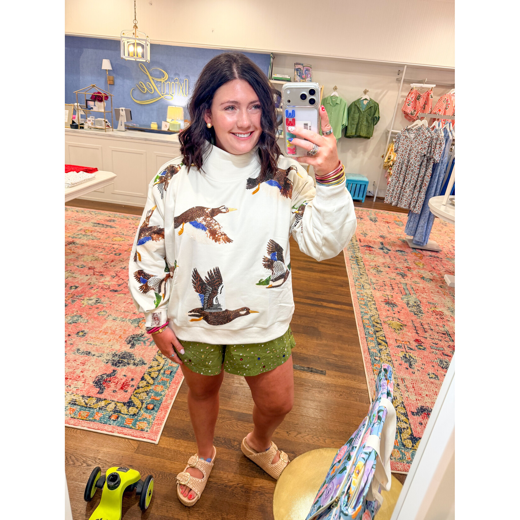 Queen of Sparkles QOS Flying Ducks Mock Neck Sweatshirt- Ivory