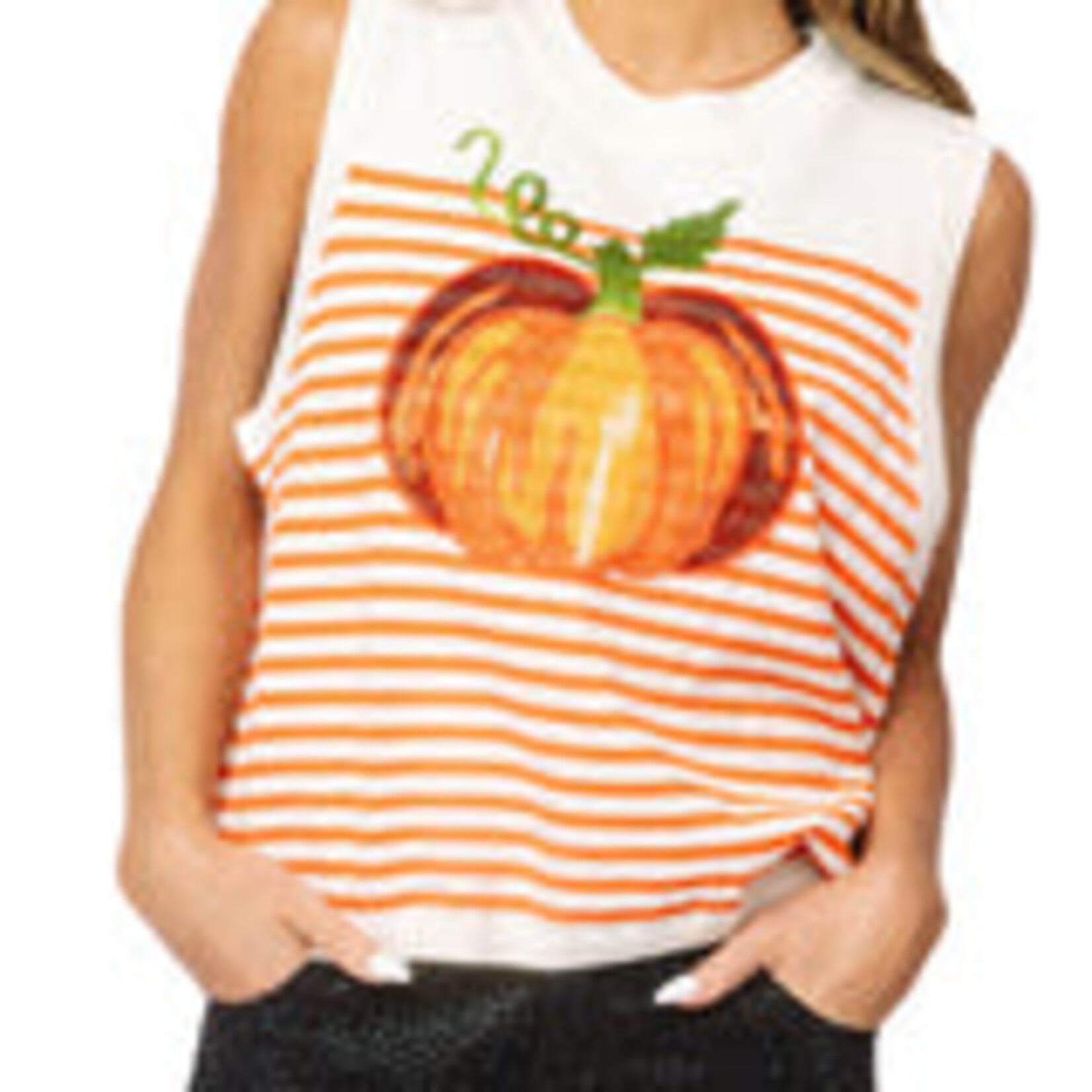 QOS Ivory + Orange Striped Pumkin Knit Tank