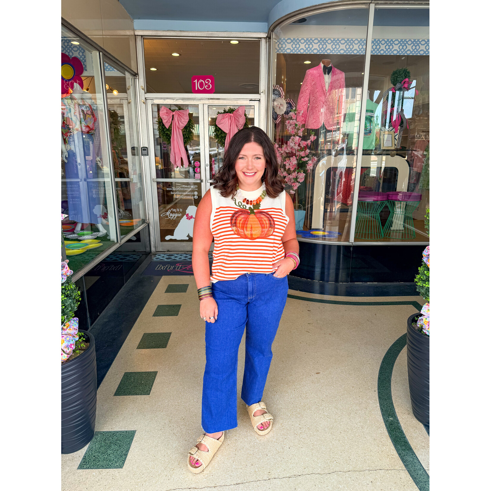 QOS Ivory + Orange Striped Pumkin Knit Tank