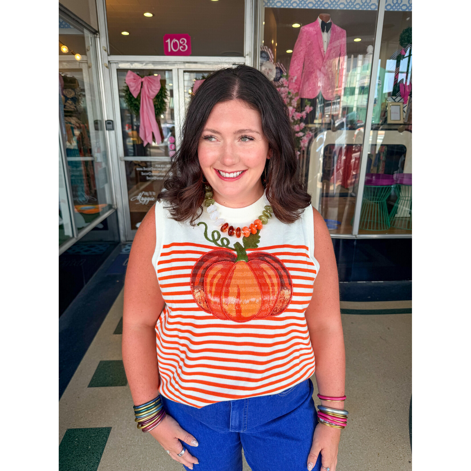 QOS Ivory + Orange Striped Pumkin Knit Tank