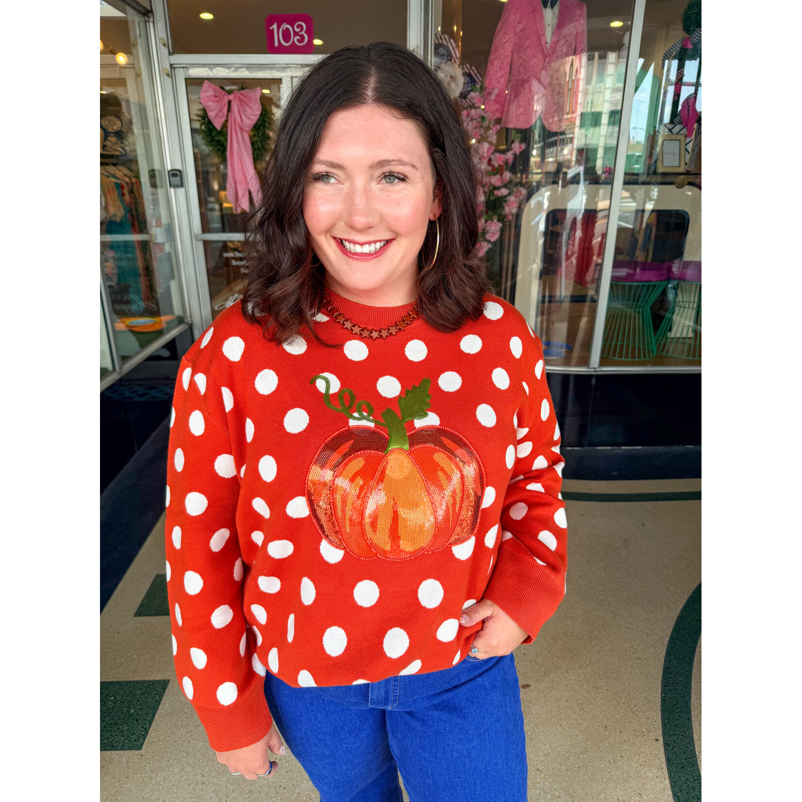 qos Qos Orange Polkadot Pumpkin Sweater