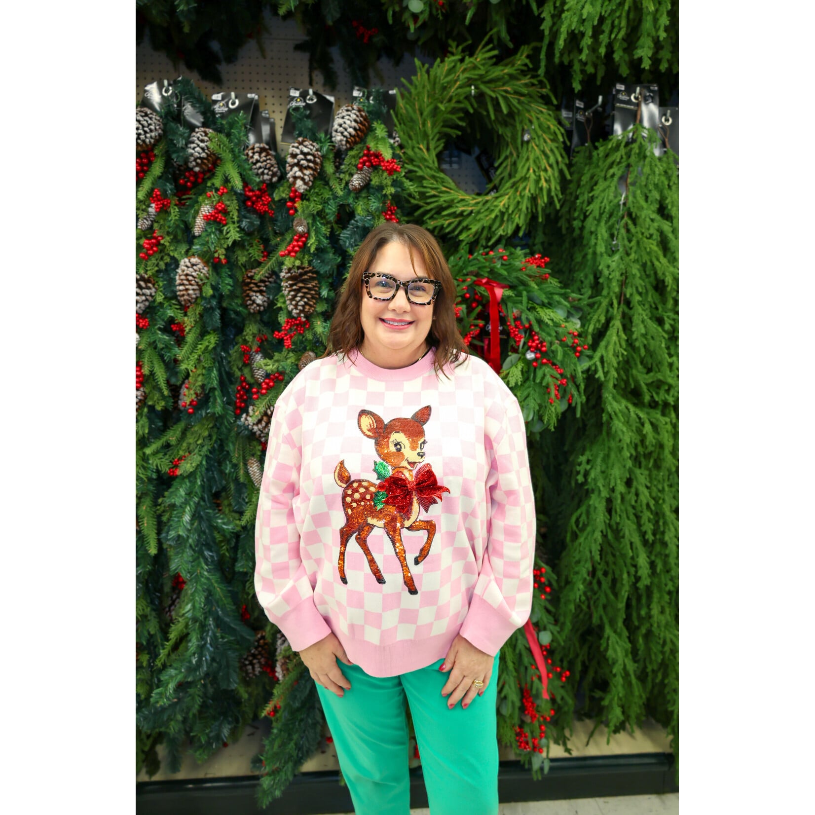 qos Pink + White Checkered Reindeer Sweater