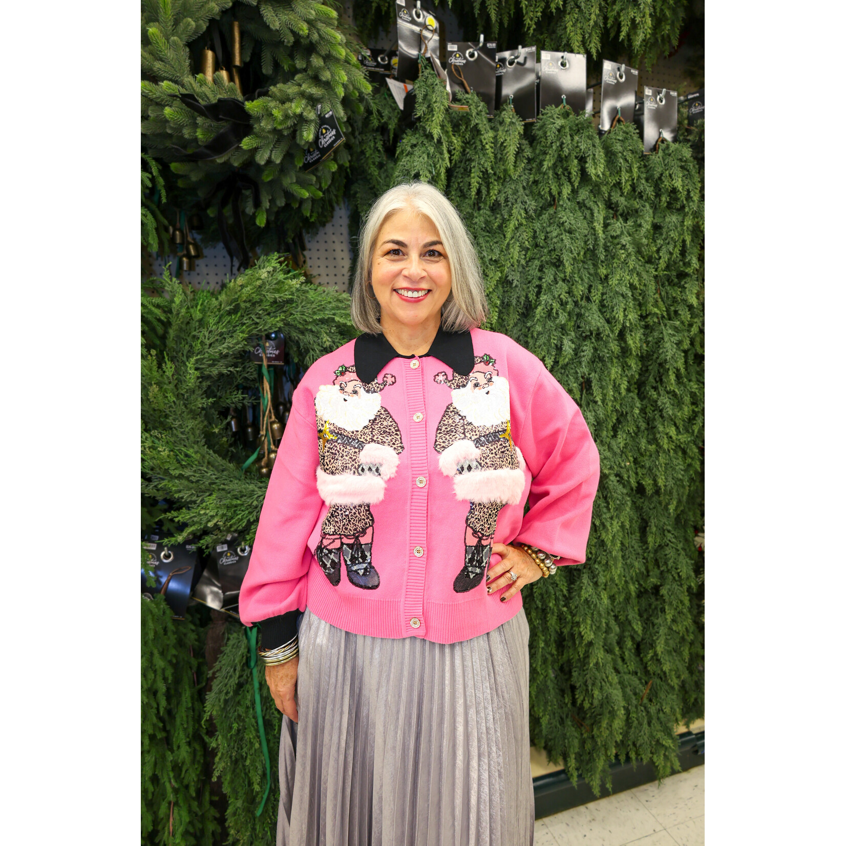 Queen of Sparkles QOS Santa In Leopard Suit Cardigan