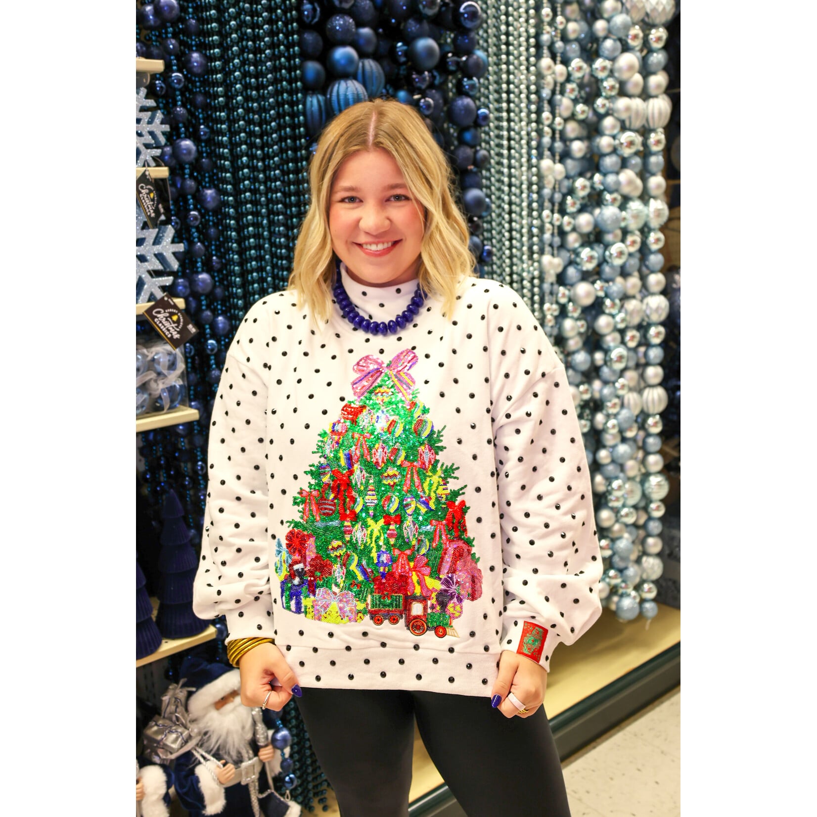 qos QOS Polka Dot Christmas Tree Mockneck sweatshirt