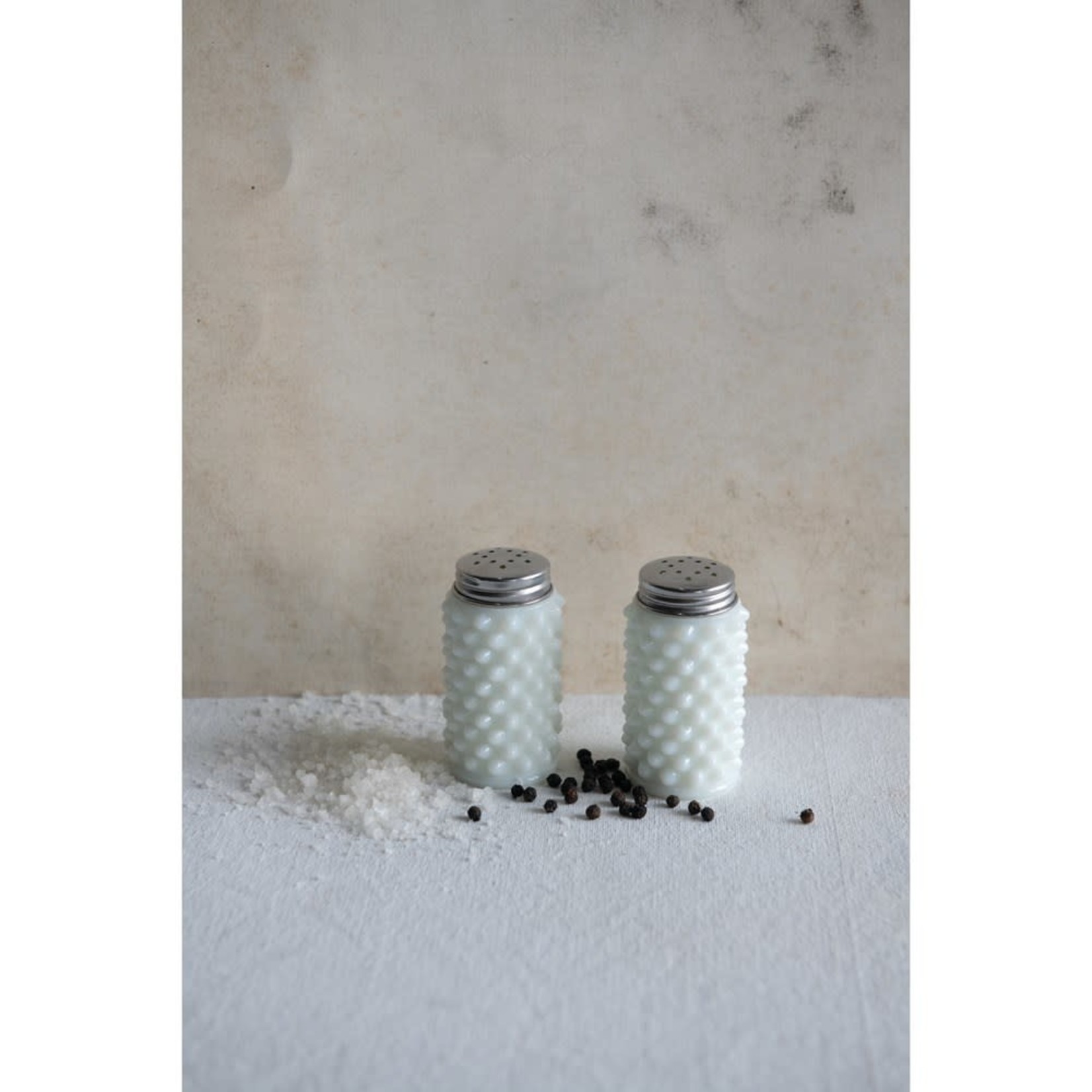 Milk Glass Hobnail Salt + Pepper Shakers