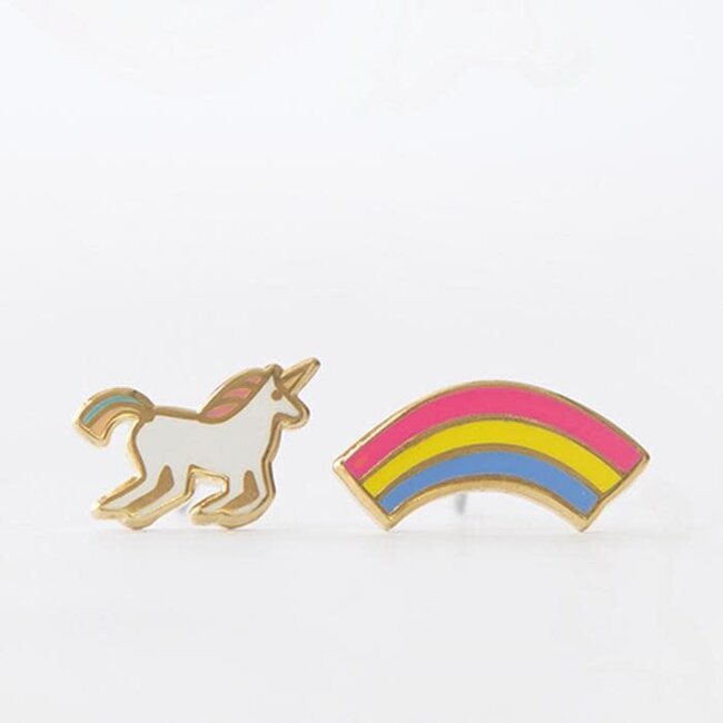 Yellow Owl Post Earrings Unicorn + Rainbow