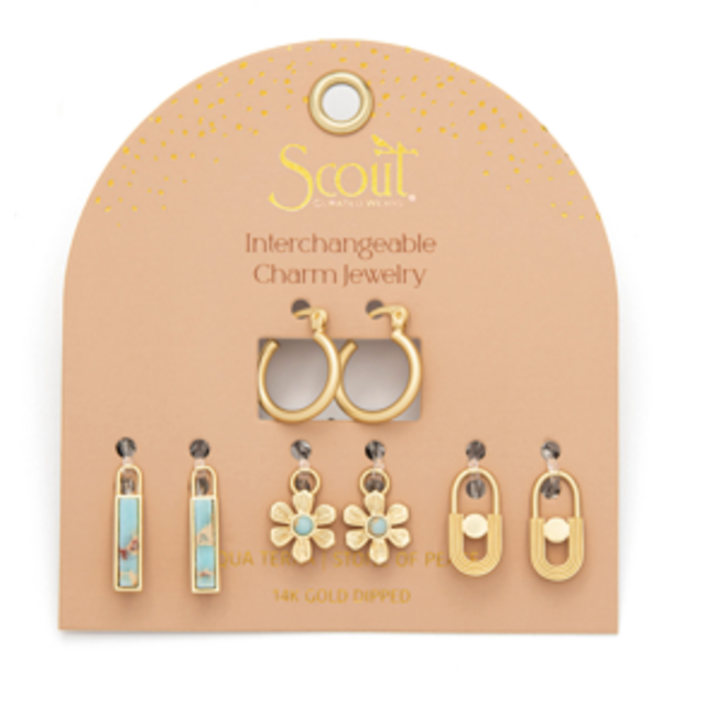 Interchangeable Charm Earrings Aqua Terra/Peace/Gold