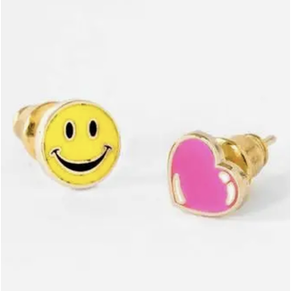 Yellow Owl Post Earrings Happy Face + Heart
