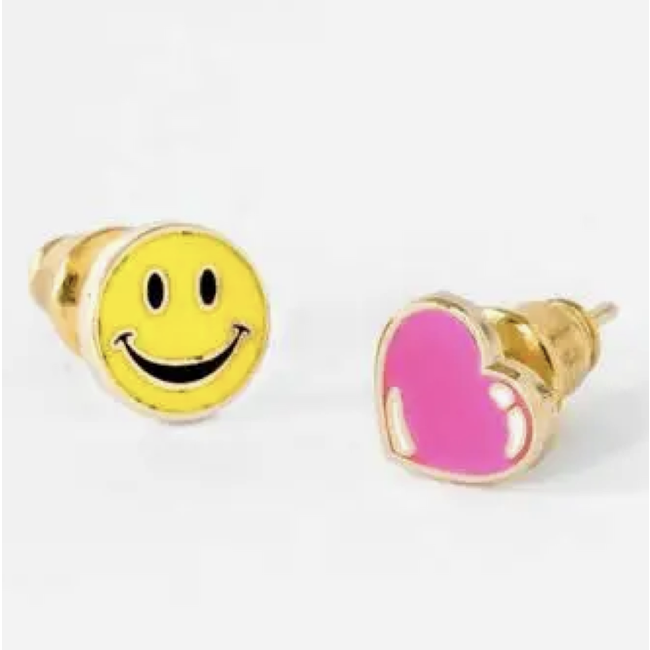 Yellow Owl Post Earrings Happy Face + Heart